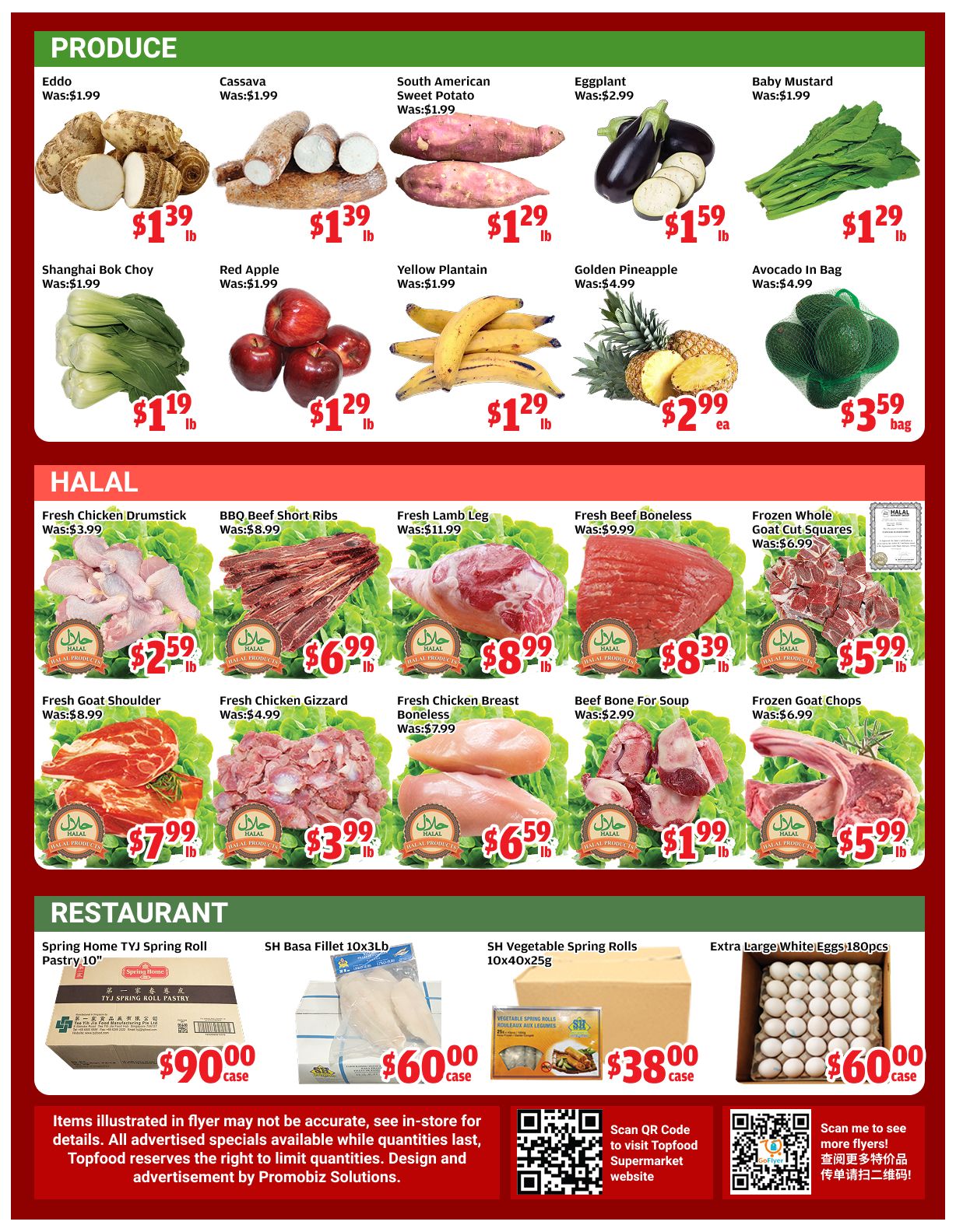 Top Food Supermarket weekly flyer specials page 3. Produce section features Eddo for $1.39/lb, Cassava for $1.39/lb, South American Sweet Potato for $1.29/lb, Eggplant for $1.59/lb, Baby Mustard for $1.29/lb, Shanghai Bok Choy for $1.19/lb, Red Apple for $1.29/lb, Yellow Plantain for $1.29/lb, Golden Pineapple for $2.99 each, and Avocado in Bag for $3.59/bag. Halal section includes Fresh Chicken Drumstick for $2.59/lb, BBQ Beef Short Ribs for $6.99/lb, Fresh Lamb Leg for $8.99/lb, Fresh Beef Boneless for $8.39/lb, Frozen Whole Goat Cut Squares for $5.99/lb, Fresh Goat Shoulder for $7.99/lb, Fresh Chicken Gizzard for $3.99/lb, Fresh Chicken Breast Boneless for $6.59/lb, Beef Bone for Soup for $1.99/lb, and Frozen Goat Chops for $5.99/lb. Restaurant section offers Spring Home TYJ Spring Roll Pastry 10' for $90.00/case, SH Basa Fillet 10x3lb for $60.00/case, SH Vegetable Spring Rolls 10x40x25g for $38.00/case, and Extra Large White Eggs 180pcs for $60.00/case. Items are while quantities last.
