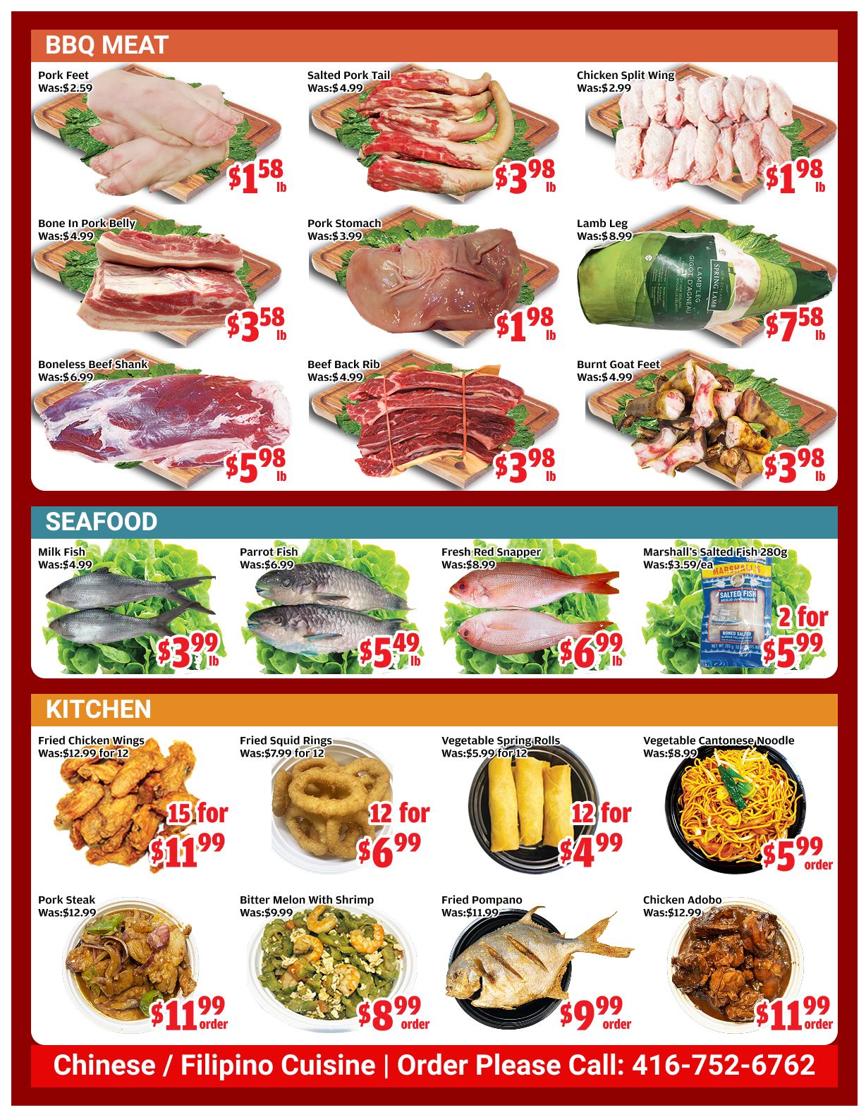 Top Food Supermarket weekly flyer specials, page 4. BBQ Meat section features Pork Feet for $1.58/lb, Salted Pork Tail for $3.98/lb, Chicken Split Wing for $1.98/lb, Bone In Pork Belly for $3.58/lb, Pork Stomach for $1.98/lb, Lamb Leg for $7.58/lb, Boneless Beef Shank for $5.98/lb, Beef Back Rib for $3.98/lb, and Burnt Goat Feet for $3.98/lb. Seafood section includes Milk Fish for $3.99/lb, Parrot Fish for $5.49/lb, Fresh Red Snapper for $6.99/lb, and Marshall's Salted Fish 280g for 2 for $5.99. The Kitchen section offers Fried Chicken Wings (15 for $11.99), Fried Squid Rings (12 for $6.99), Vegetable Spring Rolls (12 for $4.99), Pork Steak for $11.99/order, Bitter Melon With Shrimp for $8.99/order, Fried Pompano for $9.99/order, and Chicken Adobo for $11.99/order. The page also highlights Chinese / Filipino Cuisine with an order phone number: 416-752-6762.