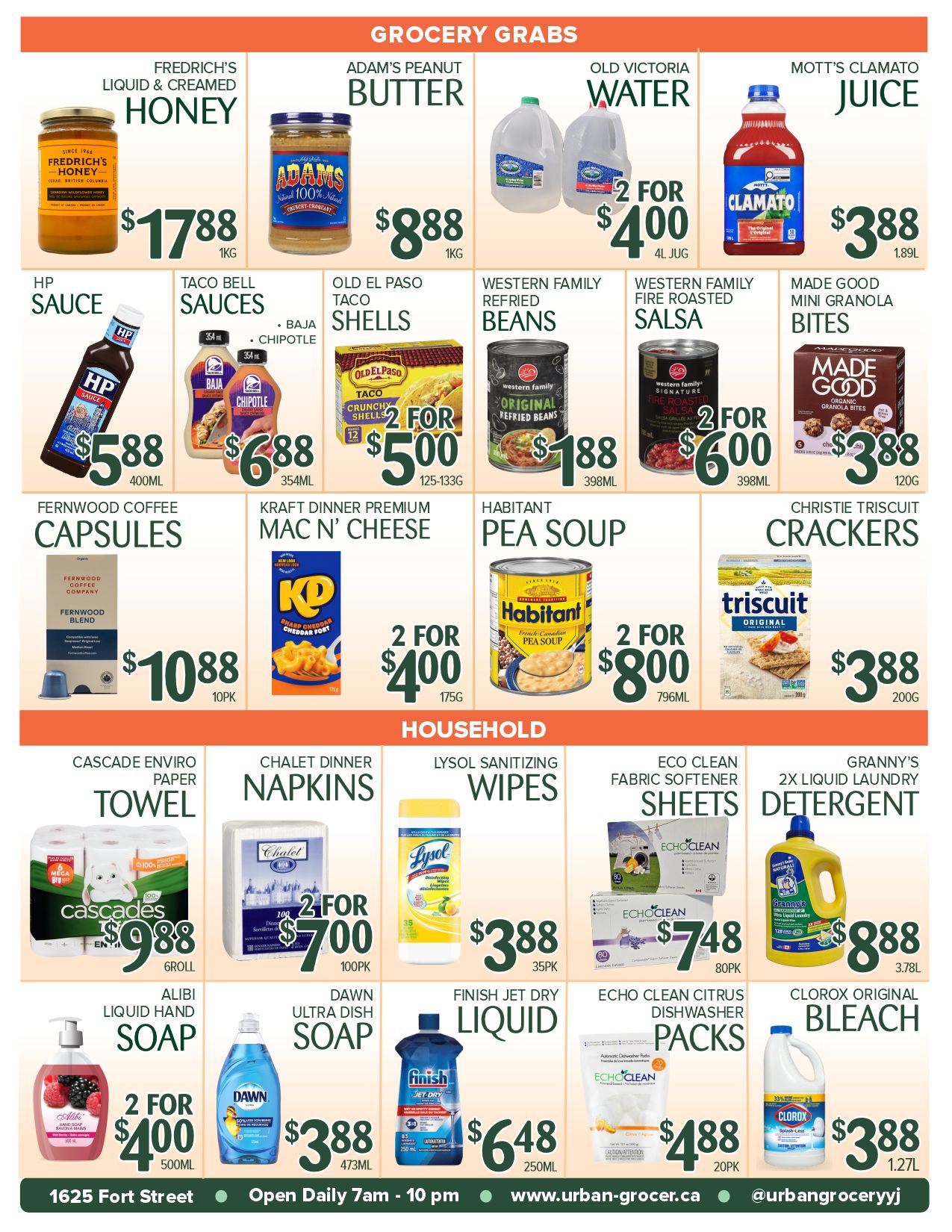 Urban Grocer weekly flyer specials page 2. Grocery grabs include Fredrich's Liquid & Creamed Honey for $17.88, Adam's Peanut Butter for $8.88, Old Victoria Water 4L jugs for 2 for $4.00, and Mott's Clamato Juice for $3.88. Also featured are HP Sauce for $5.88, Taco Bell Sauces for $6.88, Old El Paso Taco Shells for 2 for $5.00, Western Family Refried Beans for $1.88, Western Family Fire Roasted Salsa for 2 for $6.00, and Made Good Mini Granola Bites for $3.88. Additional grocery items include Fernwood Coffee Capsules for $10.88, Kraft Dinner Premium Mac N' Cheese for 2 for $4.00, Habitant Pea Soup for 2 for $8.00, and Christie Triscuits Crackers for $3.88. Household items on sale are Cascade Enviro Paper Towel for $9.88, Chalet Dinner Napkins for 2 for $7.00, Lysol Sanitizing Wipes for $3.88, Eco Clean Fabric Softener Sheets for $7.48, and Granny's 2X Liquid Laundry Detergent for $8.88. Other household essentials are Alibi Liquid Hand Soap for 2 for $4.00, Dawn Ultra Dish Soap for $3.88, Finish Jet Dry Liquid for $6.48, Echo Clean Citrus Dishwasher Packs for $4.88, and Clorox Original Bleach for $3.88.
