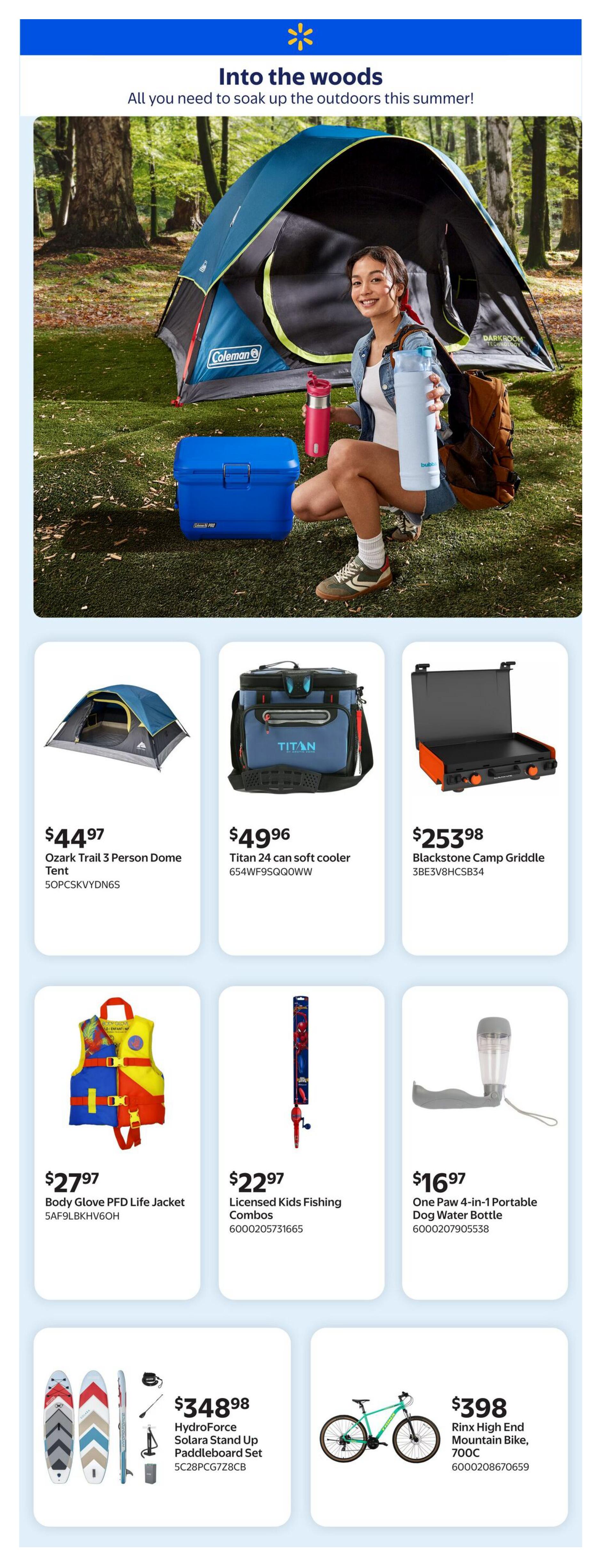 Walmart Canada Summer Outdoor Guide flyer page 1, featuring outdoor gear. A woman is shown with a blue Coleman tent and a blue cooler. Featured products include the Ozark Trail 3 Person Dome Tent for $44.97, a Titan 24 can soft cooler for $49.96, and a Blackstone Camp Griddle for $253.98. Also available are a Body Glove PFD Life Jacket for $27.97, Licensed Kids Fishing Combos for $22.97, and a One Paw 4-in-1 Portable Dog Water Bottle for $16.97. Additionally, a HydroForce Solara Stand Up Paddleboard Set is priced at $348.98, and a Rinx High End Mountain Bike, 700C, is available for $398.