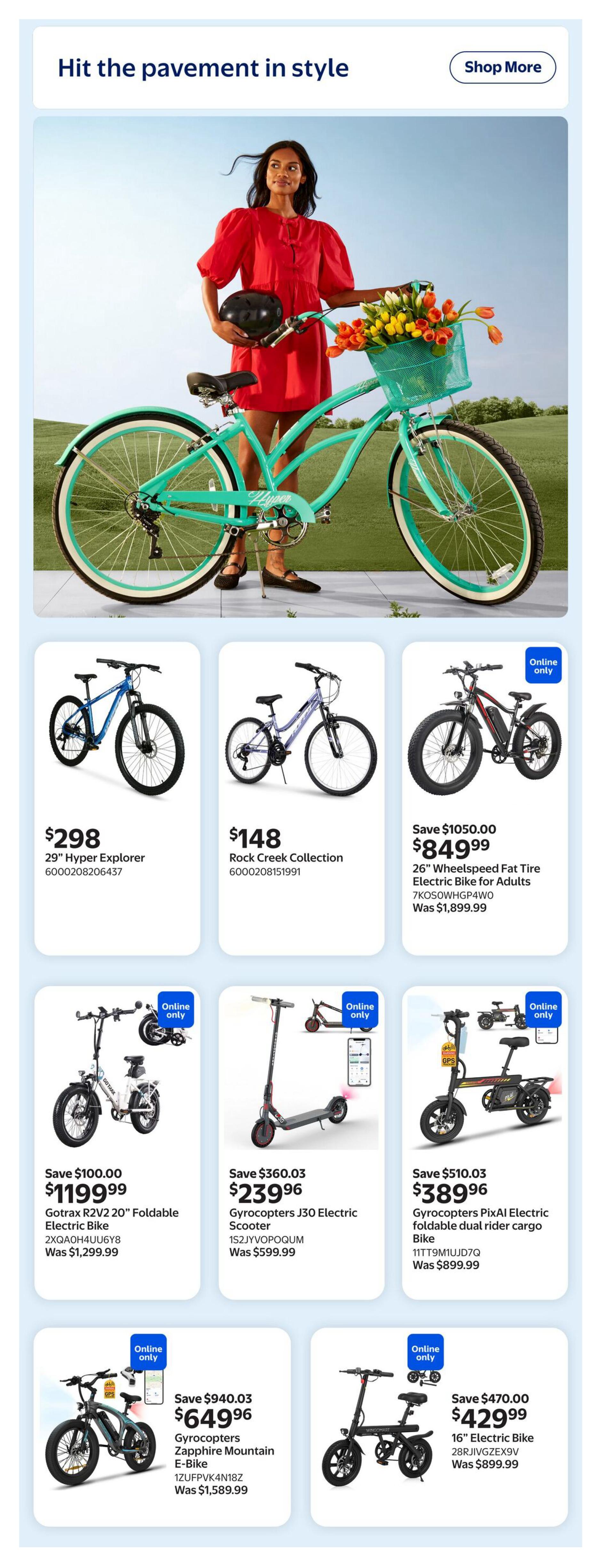 Walmart Canada Summer Outdoor Guide page 14 features a woman in a red dress with a teal cruiser bicycle. Below are various bikes and scooters for sale. A 29' Hyper Explorer bike is $298. The Rock Creek Collection bike is $148. The 26' Wheelspeed Fat Tire Electric Bike for Adults is on sale for $849.99, down from $1,899.99. The Gotrax R2V2 20' Foldable Electric Bike is $1,199.99, a saving of $100.00 from $1,299.99. The Gyrocopters J30 Electric Scooter is $239.96, down from $599.99. The Gyrocopters PixAI Electric foldable dual rider cargo bike is $389.96, a saving of $510.03 from $899.99. The Gyrocopters Sapphire Mountain E-Bike is $649.96, with a significant saving of $940.03 from $1,589.99. Finally, a 16' Electric Bike is on sale for $429.99, down from $899.99.