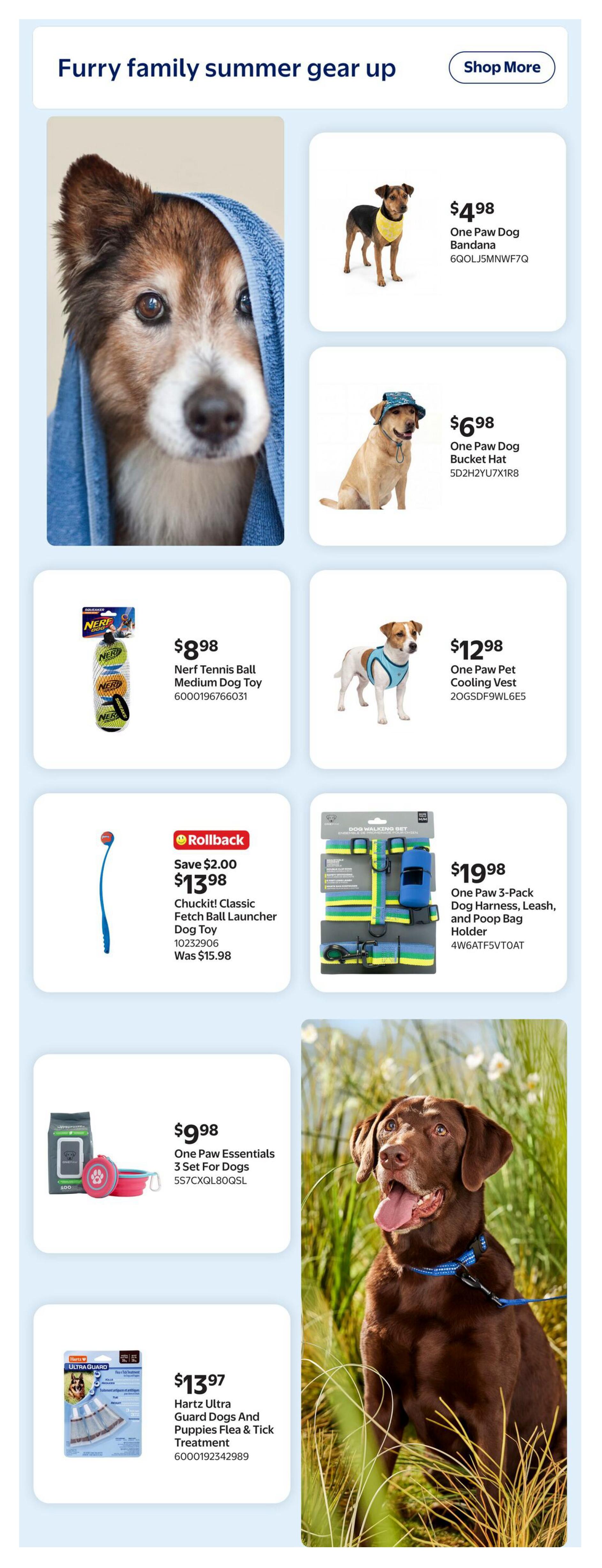 Walmart Canada Summer Outdoor Guide page 16 features 'Furry family summer gear up' with a large image of a dog wrapped in a blue towel. Featured products include a $4.98 One Paw Dog Bandana, a $6.98 One Paw Dog Bucket Hat, a $8.98 Nerf Tennis Ball Medium Dog Toy, a $12.98 One Paw Pet Cooling Vest, a Chuckit! Classic Fetch Ball Launcher Dog Toy on Rollback for $13.98 (was $15.98), a $19.98 One Paw 3-Pack Dog Harness, Leash, and Poop Bag Holder set, a $9.98 One Paw Essentials 3 Set For Dogs, and $13.97 Hartz Ultra Guard Dogs And Puppies Flea & Tick Treatment. A large image of a chocolate lab wearing a blue collar is shown on the right side.