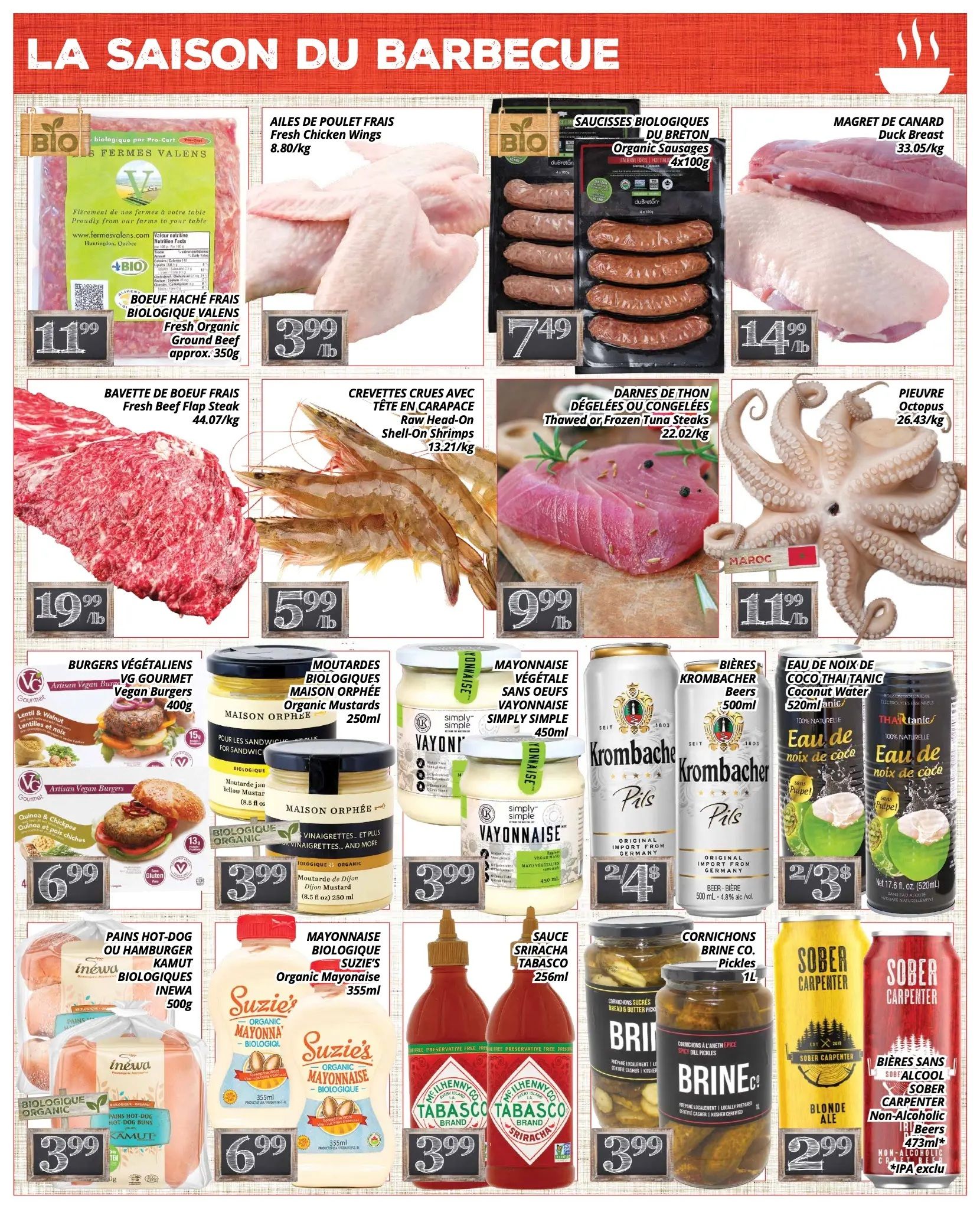 PA Nature flyer specials page 2 features a 'BBQ Season' theme. Highlights include Fresh Chicken Wings for $8.80/kg, Organic du Breton Sausages for $7.49, and Duck Breast for $33.05/kg. Also featured are Fresh Beef Flap Steak for $44.07/kg, Raw Head-On Shell-On Shrimps for $13.21/kg, Thawed or Frozen Tuna Steaks for $22.02/kg, and Octopus for $26.43/kg. Other items include Fresh Organic Ground Beef for $11.99, VG Gourmet Vegan Burgers for $6.99, Maison Orphée Organic Mustards for $3.99, Simply Simple Vayonaisse (Mayonnaise) for $3.99, Krombacher Pilsner Beers for 2 for $4, Thai Tanic Coconut Water for 2 for $3, Inewa Organic Hot Dog or Hamburger Buns for $3.99, Suzie's Organic Mayonnaise for $6.99, Tabasco Sriracha Sauce for $3.99, Brine Co. Pickles for $3.99, and Sober Carpenter Non-Alcoholic Beers for $2.99, with an IPA exclusion.