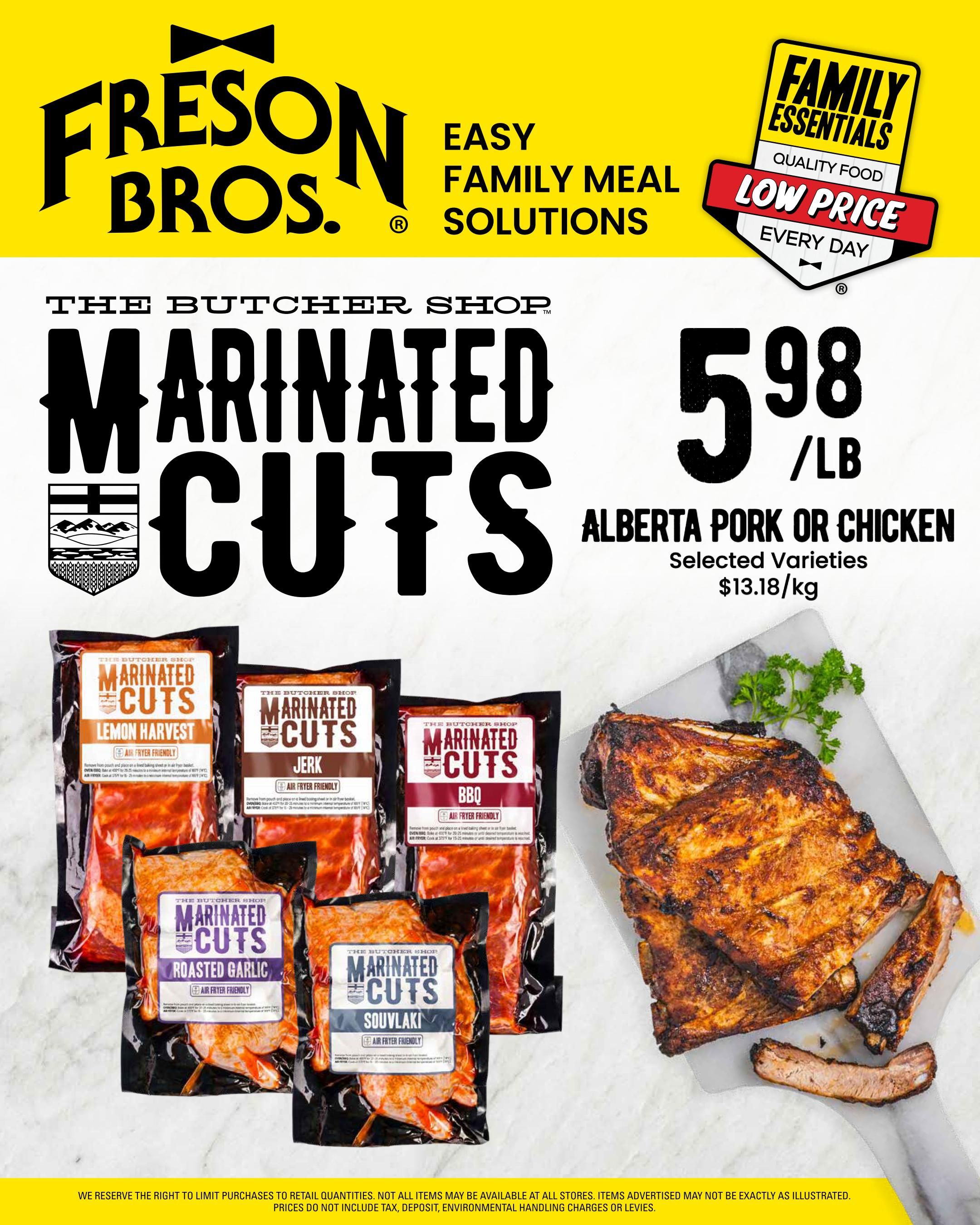 Freson Bros. flyer page featuring 'The Butcher Shop Marinated Cuts' of Alberta Pork or Chicken. Varieties include Lemon Harvest, Jerk, BBQ, Roasted Garlic, and Souvlaki, all air fryer friendly. The price is $5.98 per pound, which is $13.18 per kilogram. The page also displays a cooked rack of ribs and highlights 'Family Essentials Quality Food Low Price Every Day'.