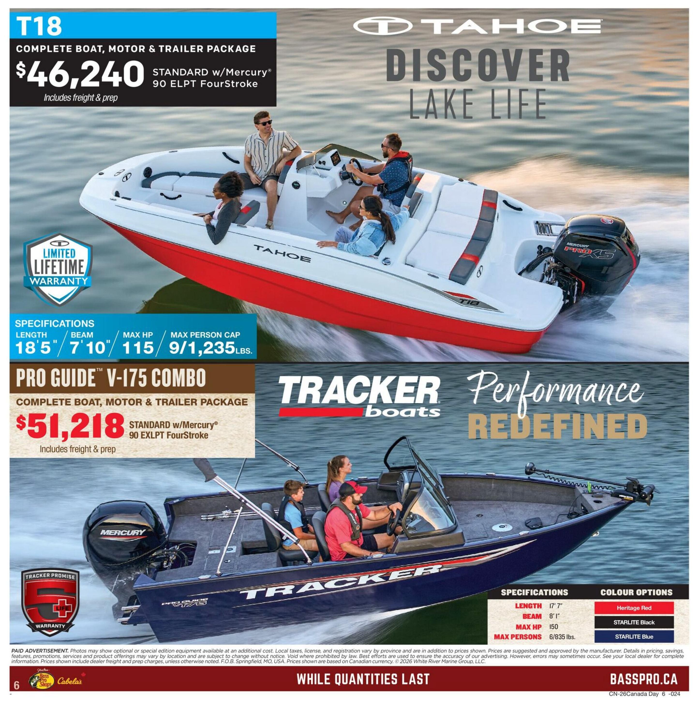 Cabela's Canada Day Sale flyer, page 6, features two boat packages. The top section showcases the Tahoe T18 complete boat, motor & trailer package for $46,240, including freight & prep, powered by a Mercury 90 ELPT FourStroke engine and featuring a limited lifetime warranty. Specifications include 18'5' length, 7'10' beam, 115 max HP, and capacity for 9 people or 1,235 lbs. The bottom section highlights the Tracker Pro Guide V-175 Combo complete boat, motor & trailer package for $51,218, also including freight & prep and powered by a Mercury 90 EXLPT FourStroke. This boat has a 17'7' length, 8'1' beam, 150 max HP, and capacity for 6/835 lbs. Colour options for the Tracker boat include Heritage Red, Starlite Black, and Starlite Blue. The page includes the tagline 'Discover Lake Life' and 'Tracker Performance Redefined'. The bottom features a 'While Quantities Last' message and Basspro.ca.