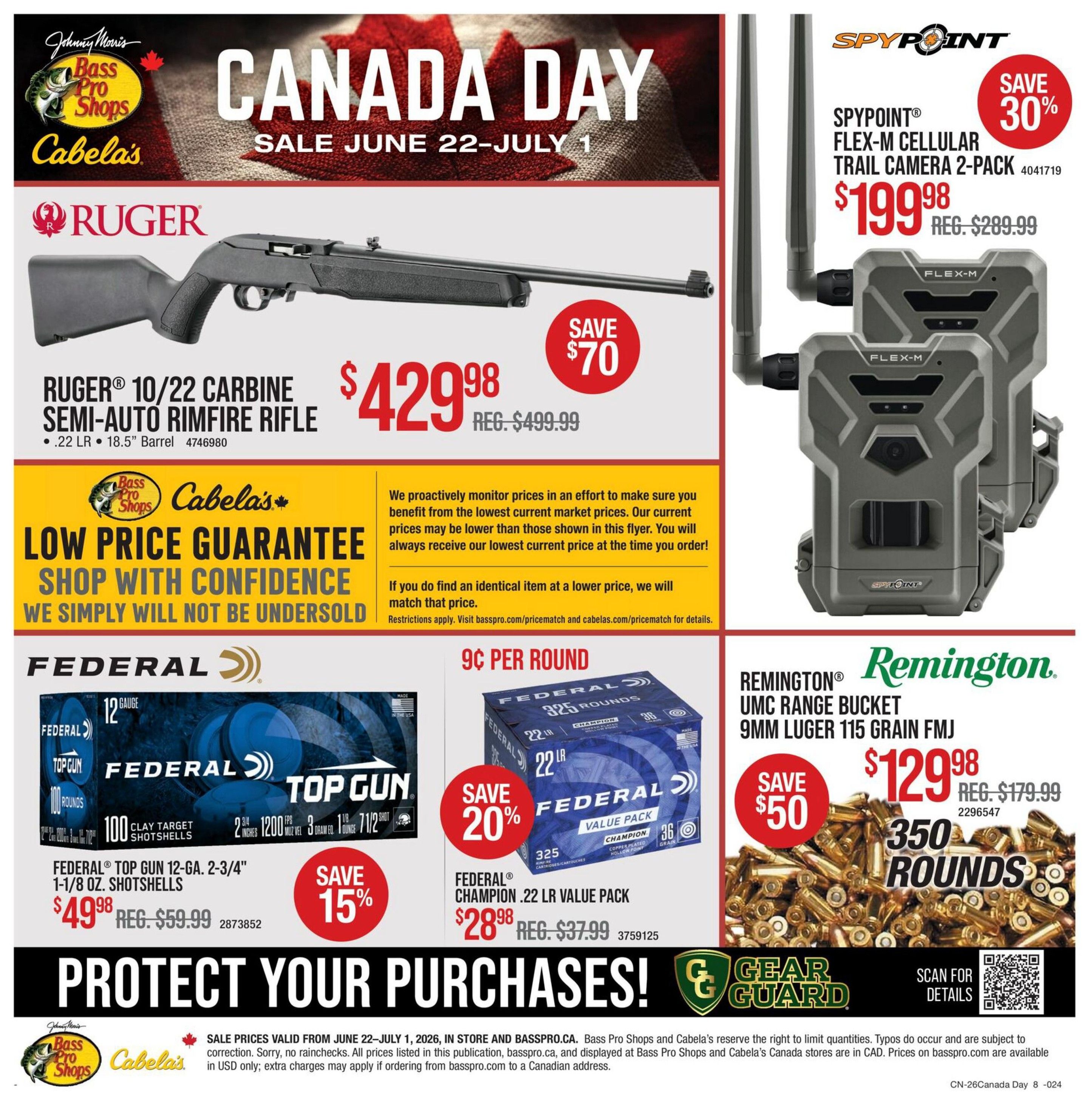 Cabela's Canada Day Sale flyer, page 8 of 8, featuring firearms and ammunition. Highlights include the Ruger 10/22 Carbine Semi-Auto Rimfire Rifle in .22 LR with an 18.5' barrel, priced at $429.98 (save $70 off regular price of $499.99). Also featured is the Spypoint Flex-M Cellular Trail Camera 2-Pack for $199.98 (save 30% off regular price of $289.99). Ammunition deals include Federal Top Gun 12-gauge, 2-3/4 inch, 1-1/8 oz. shotshells (100 rounds) for $49.98 (save 15% off regular price of $59.99), and Federal Champion .22 LR value pack (325 rounds) for $28.98 (save 20% off regular price of $37.99). Remington UMC Range Bucket of 9mm Luger 115 grain FMJ ammunition (350 rounds) is on sale for $129.98 (save $50 off regular price of $179.99). The page also promotes Cabela's Low Price Guarantee and Gear Guard. Sale prices are valid from June 22 to July 1, 2026.