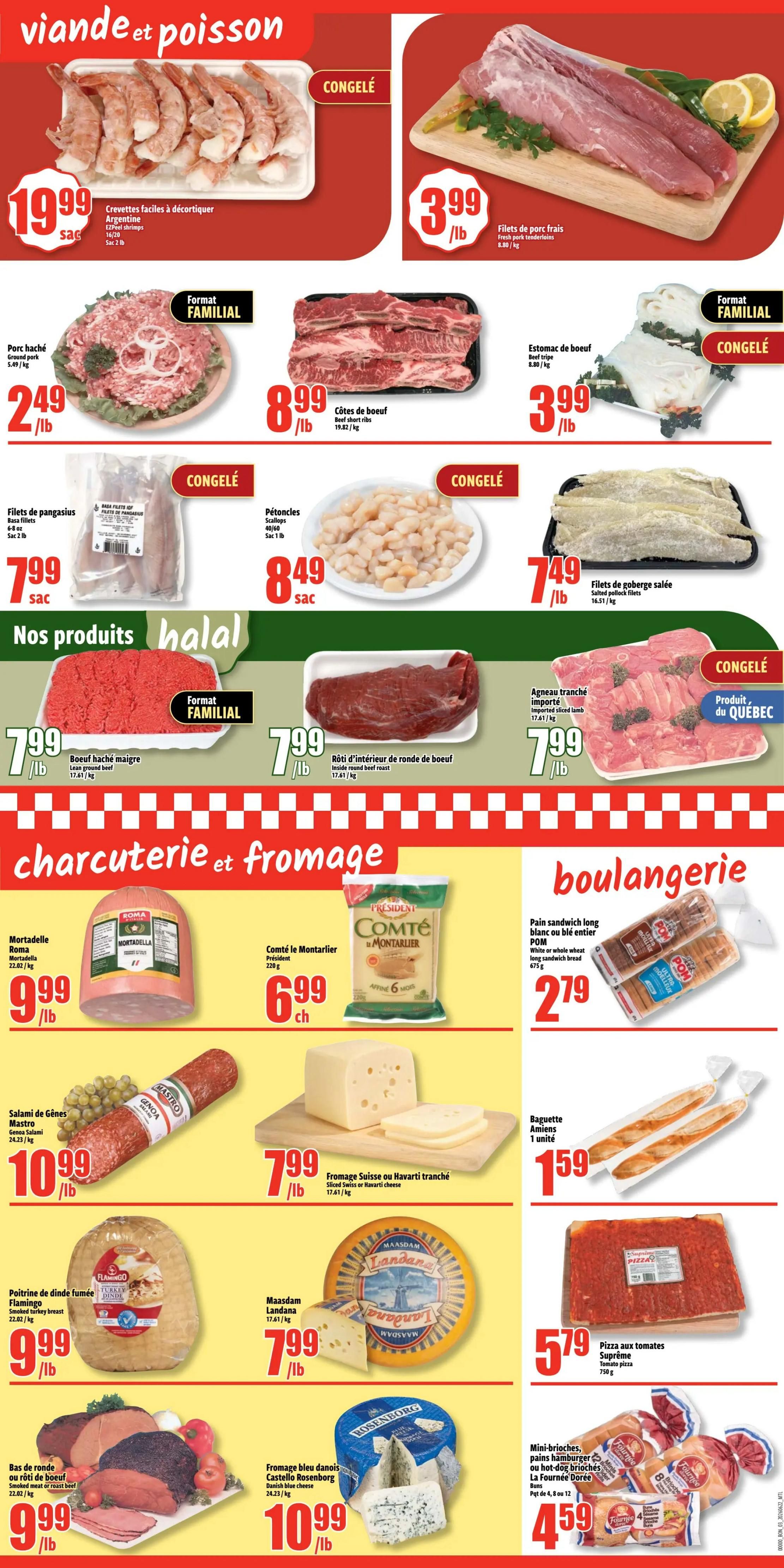Bonanza weekly flyer specials page 3 features a wide selection of meats, cheeses, and bakery items. Frozen section includes easy-peel shrimp for $19.99/bag, fresh pork tenderloins for $3.99/lb, beef short ribs for $8.99/lb, beef tripe for $3.99/lb, pangasius fillets for $7.99/sac, and scallops for $8.49/sac. Halal products include lean ground beef for $7.99/lb and inside round beef roast for $7.99/lb. Other meat offers are imported sliced lamb for $7.99/lb, smoked turkey breast for $9.99/lb, and smoked meat or roast beef for $9.99/lb. Charcuterie and cheese highlights are Roma mortadella for $9.99/lb, Comté le Montarlier cheese for $6.99 each, Mastro Genoa salami for $10.99/lb, Maasdam Landana cheese for $7.99/lb, and Castello Rosenborg Danish blue cheese for $10.99/lb. Sliced Swiss or Havarti cheese is $7.99/lb. Bakery items include POM white or whole wheat long sandwich bread for $2.79, Amiens baguettes for $1.59 each, and La Fournée Dorée mini brioches, hamburger buns, or hot dog buns for $4.59. A tomato pizza suprême is also available for $5.79.
