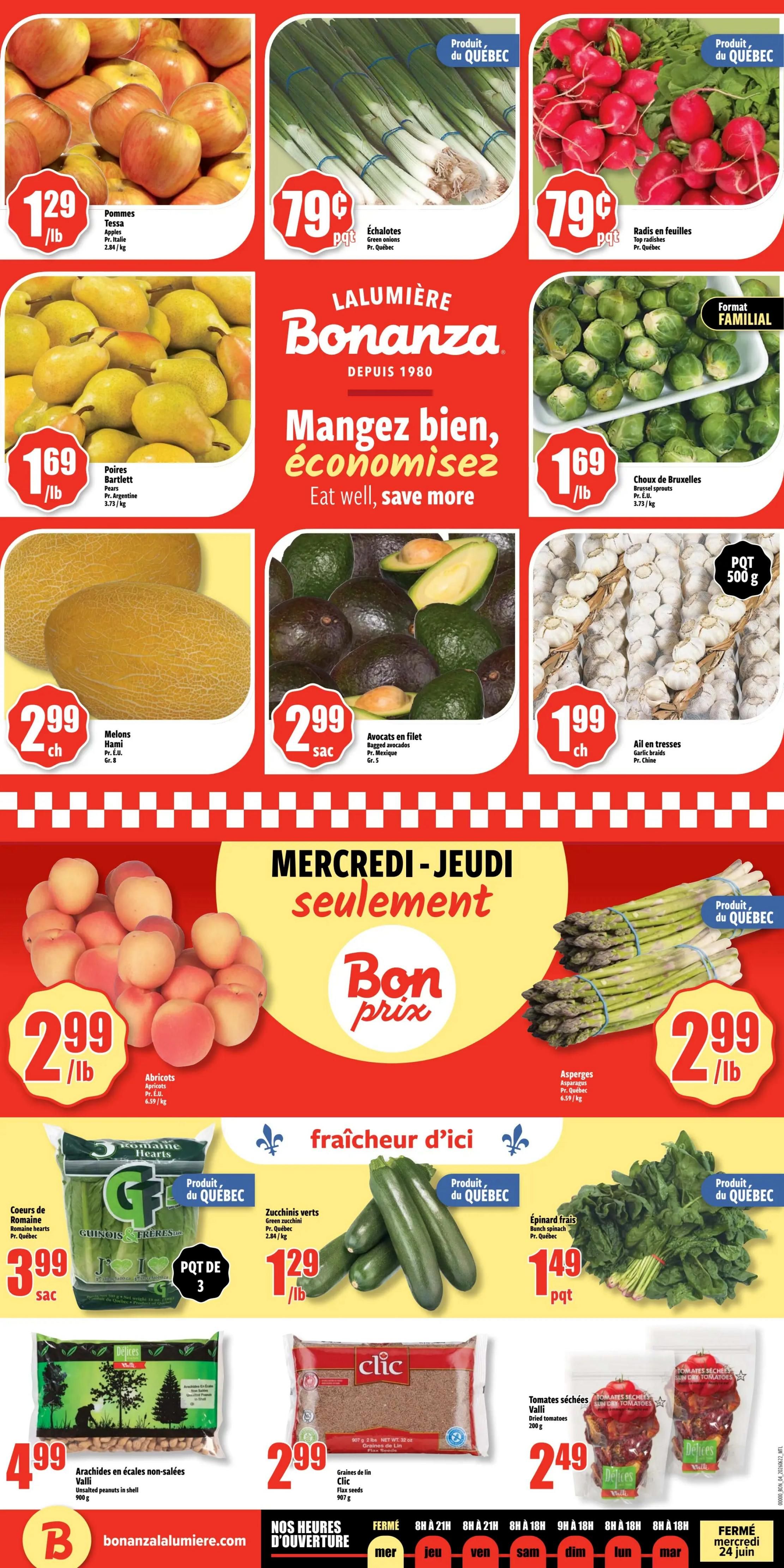 Bonanza weekly flyer specials page 4 features a variety of fresh produce and pantry items. Top row includes Apples for $1.29/lb, Green Onions (Produit du Québec) for $0.79/bunch, and Radishes (Produit du Québec) for $0.79/bunch. Middle row showcases Bartlett Pears for $1.69/lb, Brussels Sprouts (Family Size) for $1.69/lb, Hami Melons for $2.99 each, Bagged Avocados for $2.99 per bag, and Garlic Braids (Product of China) for $1.99 each. The centre of the page highlights 'Wednesday-Thursday Only' specials with 'Bon Prix' (Good Price) featuring Asparagus (Produit du Québec) for $2.99/lb. Below this, 'Fresh from here' section includes Romaine Hearts (Produit du Québec) for $3.99 per 3-pack, Green Zucchini (Produit du Québec) for $1.29/lb, and Fresh Spinach (Produit du Québec) for $1.49 per quart. The bottom row offers Valli In-Shell Unsalted Peanuts for $4.99 per bag, Clic Flax Seeds for $2.99 per bag, and Valli Dried Tomatoes for $2.49 per bag. The flyer also includes store hours and website information.