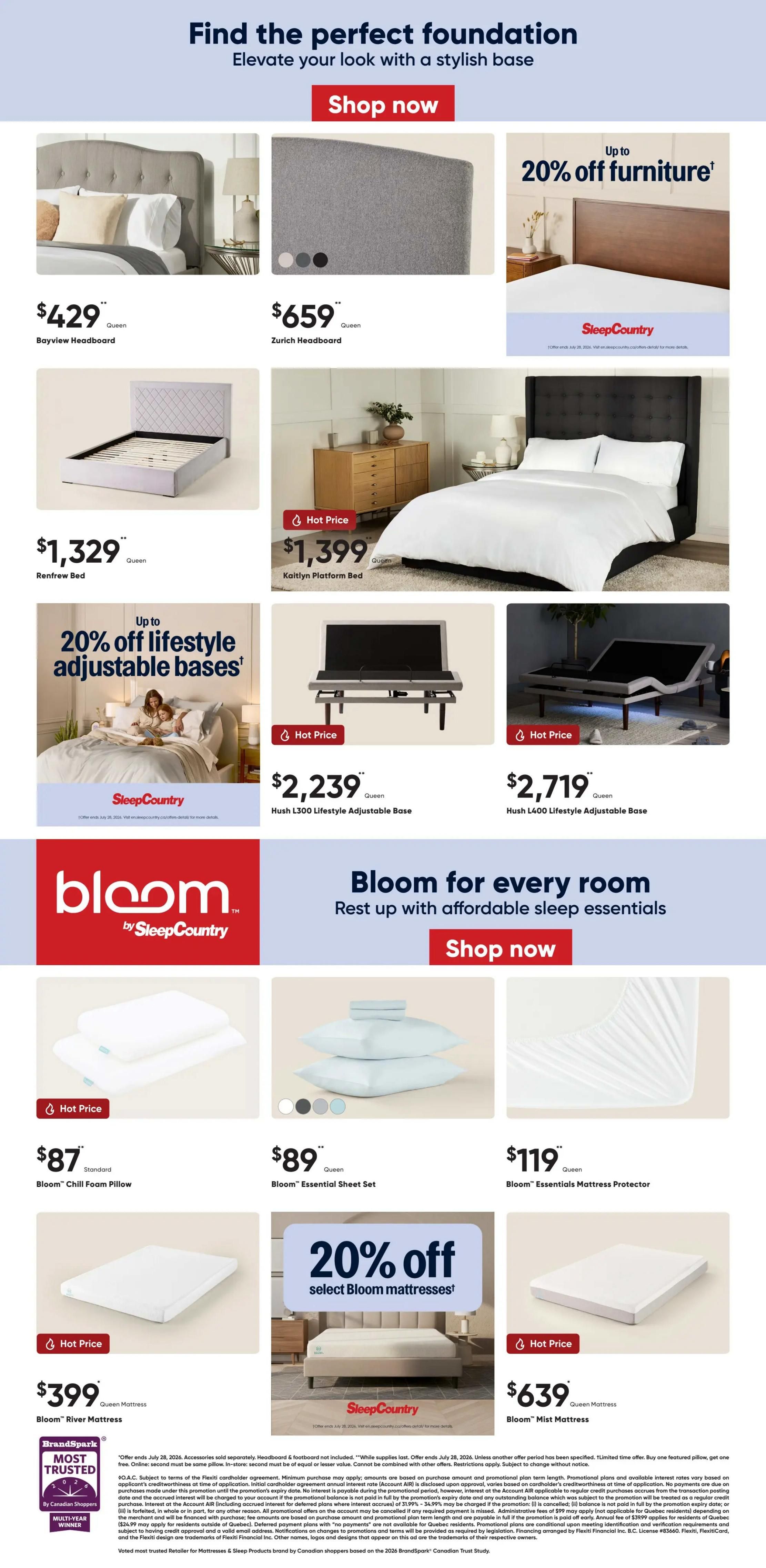 Sleep Country flyer page 4 features a selection of beds, headboards, and bedding. Highlighted items include the Bayview Headboard for $429, Zurich Headboard for $659, Renfrew Bed for $1,329, and Kaitlyn Platform Bed for $1,399. There is also an offer for up to 20% off furniture and up to 20% off lifestyle adjustable bases. Adjustable bases are featured with the Hush L300 Lifestyle Adjustable Base at $2,239 and the Hush L400 Lifestyle Adjustable Base at $2,719. The Bloom by Sleep Country collection includes Bloom Chill Foam Pillow for $87, Bloom Essential Sheet Set for $89, and Bloom Essentials Mattress Protector for $119. Additionally, there is a 20% off select Bloom mattresses offer, featuring the Bloom Mist Mattress for $639 and the Bloom River Mattress for $399. The page also includes legal disclaimers and mentions Sleep Country as a BrandSpark Most Trusted Retailer for Multi-Year Winner.