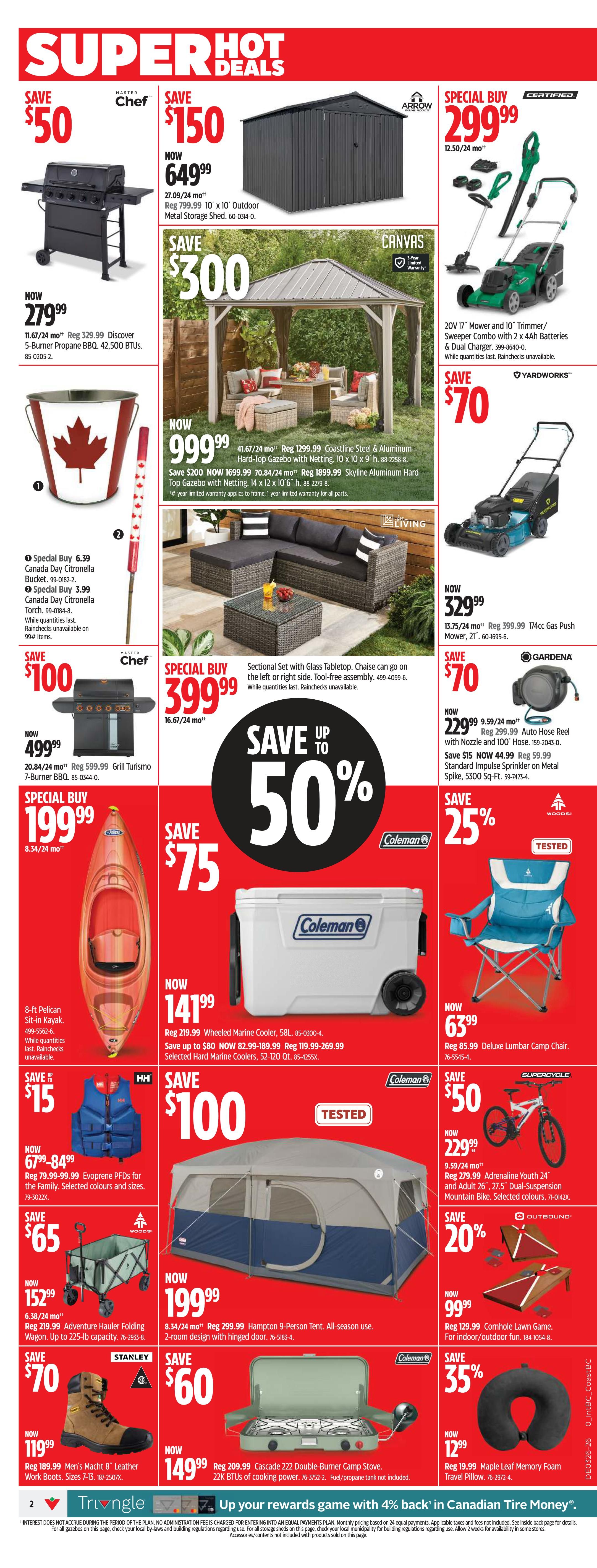 Canadian Tire Western Canada flyer page 2 features 'Super Hot Deals' including a Master Chef 5-Burner Propane BBQ now $279.99, saving $50. An Arrow 10' x 10' Outdoor Metal Storage Shed is on special buy for $649.99, saving $150. A 20V 17' Mower and 10' Trimmer/Sweeper Combo with 2 x 4Ah Batteries & Dual Charger is $299.99. Save $70 on a Yardworks 174cc Gas Push Mower, now $329.99. A Canvas 41.67'/24 mo Coastline Steel & Aluminum Hard-Top Gazebo is now $999.99, with a special buy of $1699.99 for the Skyline Aluminum Hard-Top Gazebo. A special buy of $399.99 for a Sectional Set with Glass Tabletop. Save $100 on a Master Chef 7-Burner BBQ, now $499.99. A 8-ft Pelican Sit-in Kayak is a special buy for $199.99. Save $75 on a Coleman Wheeled Marine Cooler, now $141.99. A Woods Deluxe Lumbar Camp Chair is now $63.99. Save $50 on a Supercycle Adrenaline Youth 24' and Adult 26' Dual-Suspension Mountain Bike, now $229.99. Save $15 on Evopren PFDs, now $67.99. Save $100 on a Hampton 9-Person Tent, now $199.99. Save $70 on a Stanley Men's Macht 8 Leather Work Boots, now $119.99. Save $60 on a Cascade 222 Double-Burner Camp Stove, now $149.99. Save 20% on Cornhole Lawn Game, now $99.99. Save 35% on a Maple Leaf Memory Foam Travel Pillow, now $12.99. The page also features a Canada Day Citronella Bucket for $6.39 and a Canada Day Citronella Torch for $3.99. A large 'Save Up To 50%' graphic is prominently displayed.