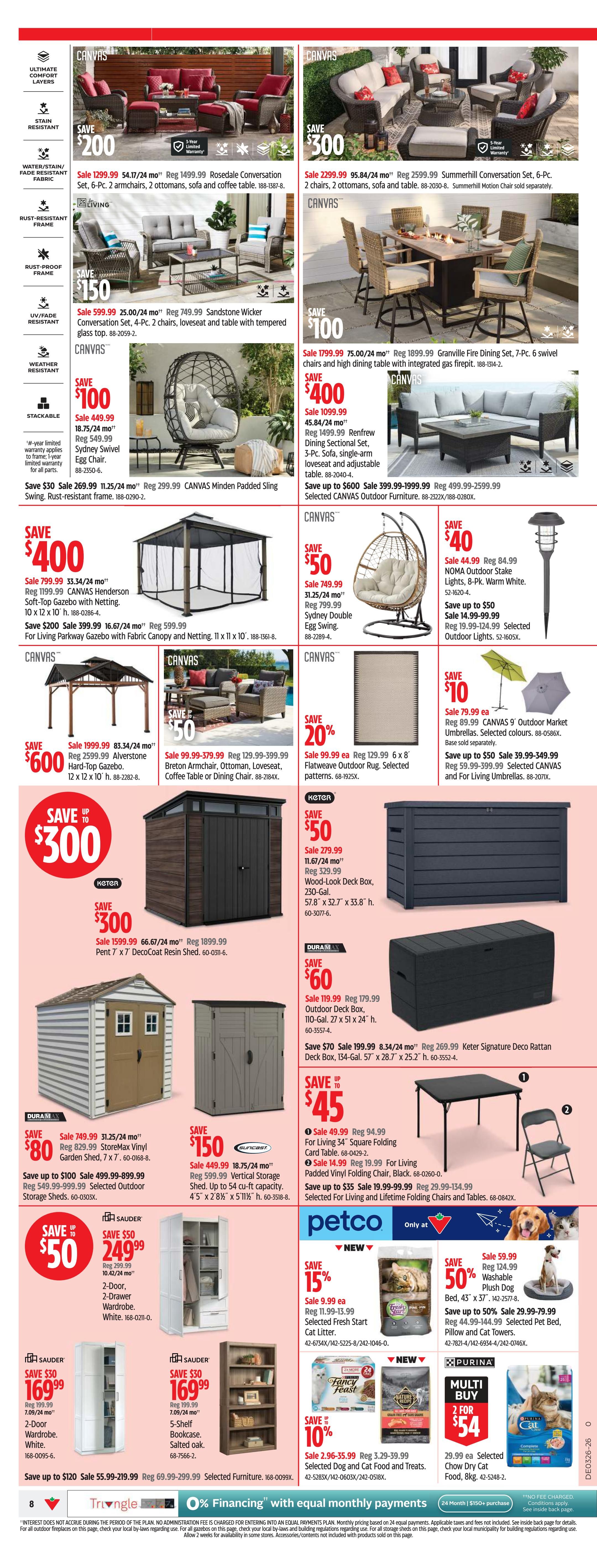 Canadian Tire weekly flyer specials page 8 features a wide selection of outdoor furniture and storage solutions. Save up to $400 on CANVAS Rosedale Conversation Set, starting at $1299.99, and save $300 on the CANVAS Summerhill Conversation Set, starting at $2299.99. Other outdoor seating options include the CANVAS Sandstone Wicker Conversation Set for $599.99 (save $150) and the CANVAS Renfrew Dining Sectional Set for $1099.99 (save $400). For outdoor dining, check out the GRANVILLE Fire Dining Set for $1799.99 (save $100). Storage solutions include the KETER Wood-Look Deck Box for $279.99 (save $50), DURAMAX Outdoor Deck Box for $119.99 (save $60), and KETER Signature Deco Rattan Deck Box for $199.99 (save $70). Save up to $600 on ALVERSTONE Hard-Top Gazebos, starting at $1999.99. Also featured are CANVAS Henderson Soft-Top Gazebo with Netting for $799.99 (save $400) and Living Parkway Gazebo with Fabric Canopy and Netting for $599.99 (save $200). Indoor furniture includes the SAUDER 2-Door Wardrobe in White for $299.99 (save $50) and a 5-Shelf Bookcase in Salted Oak for $169.99 (save $30). Pet supplies from Petco include 15% off selected Fresh Start Cat Litter and 10% off selected Dog Food and Treats. Save 50% on Plush Dog Bed, starting at $43.99, and save up to 50% on Pet Bed, Pillow and Cat Towers. Multi-buy offer: 2 for $54 on selected Chow Dry Cat Food, 8kg. Financing options are available with equal monthly payments.