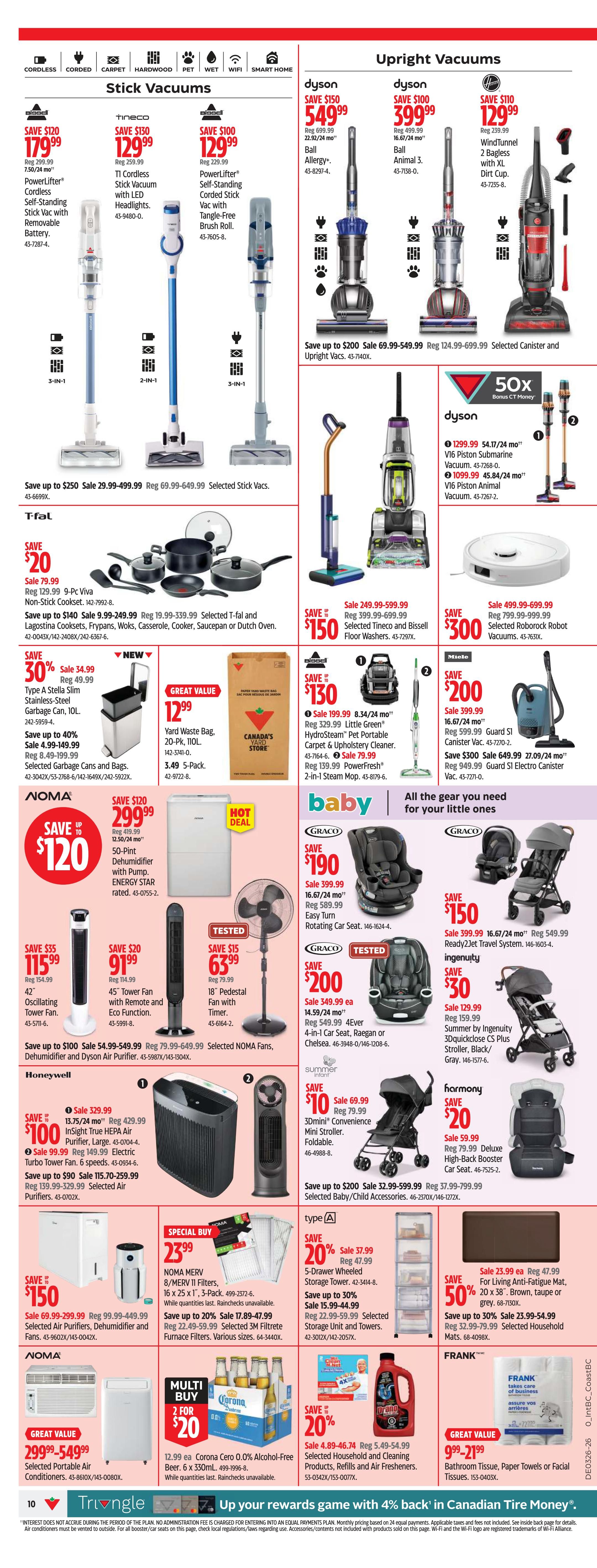 Canadian Tire weekly flyer specials for Western Canada, Page 10. Featured items include Stick Vacuums with Bissell PowerLifter Cordless for $179.99 and Tineco Stick Vacuum for $129.99. Upright Vacuums include Dyson Ball Allergy+ for $549.99 and Dyson Ball Animal 3 for $399.99. Also on sale are T-fal 9-Pc Non-Stick Cookware Sets for $129.99, Yard Waste Bags for $12.99, and NOMA 50-Pint Dehumidifier for $299.99. Baby items include Graco Rotating Car Seats starting at $190 and Ingenuity Strollers starting at $30. Other deals include NOMA Tower Fans, Bissell Little Green Cleaners, Miele Guard S1 Electro Canister Vacuums, and Frank Bathroom Tissue. Special buys include Corona Cero 0.0% Alcohol-Free Beer 2 for $20 and selected household cleaning products and air fresheners with 20% off. Save up to 50% on selected storage units and towers.