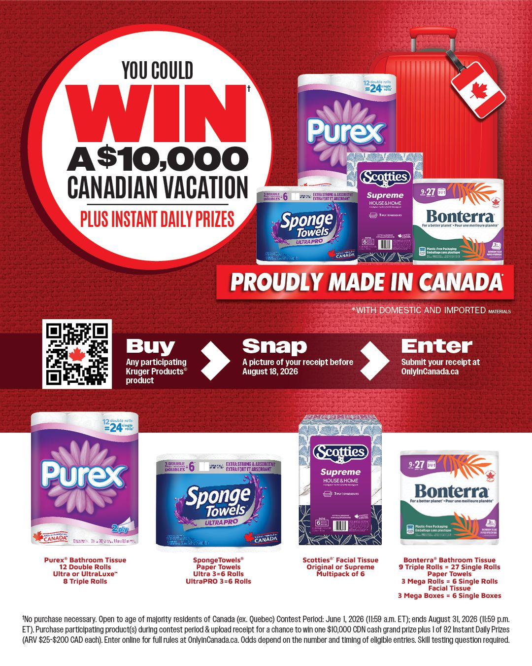 Ferraro Foods monthly savings flyer, page 3. Features a 'You Could Win A $10,000 Canadian Vacation Plus Instant Daily Prizes' promotion with a contest entry process: Buy any participating Kruger Products, Snap a picture of your receipt before August 18, 2026, and Enter at OnlyInCanada.ca. Products featured include Purex Bathroom Tissue Ultra or UltraLuxe 8 Triple Rolls, SpongeTowels Paper Towels Ultra 3=6 Rolls, UltraPRO 3=6 Rolls, Scotties Facial Tissue Original or Supreme Multipack of 6, and Bonterra Bathroom Tissue 9 Triple Rolls = 27 Single Rolls, Paper Towels 3 Mega Rolls = 6 Single Rolls, Facial Tissue 3 Mega Boxes = 6 Single Boxes. All featured products are proudly made in Canada with domestic and imported materials. Contest runs from June 1, 2026, to August 31, 2026.
