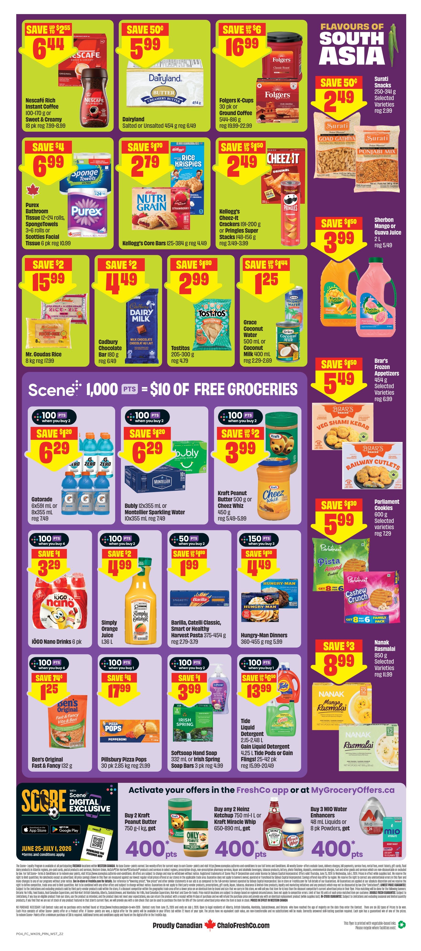 FreshCo Alberta flyer, page 2. Featured deals include Nescafé Rich Instant Coffee for $6.44, Dairyland Salted or Unsalted Butter for $5.99, and Folgers K-Cups Coffee for $16.99. Also on sale are Purex Bathroom Tissue, SpongeTowels, and Scotties Facial Tissue for $6.99, Kellogg's Core Bars for $2.79, and Cheez-It Crackers or Pringles Super Stacks for $2.49. Enjoy savings on Surati Snacks for $2.49 and Sherban Mango or Guava Juice for $3.99. Mr. Goudas Rice is $15.99, Cadbury Chocolate Bar is $4.49, and Tostitos are $2.99. Grace Coconut Water or Coconut Milk is $1.25. Scene+ members earn 1,000 points for $10 of free groceries. Deals include Gatorade for $6.29 (when you buy 2), Bubbly or Montellier Sparkling Water for $6.29 (when you buy 2), and Kraft Peanut Butter or Cheez Whiz for $3.99 (when you buy 2). iÖGO Nano Drinks are $3.29 (when you buy 4), Simply Orange Juice is $4.99 (when you buy 2), and Barilla Pasta is $1.99 (when you buy 2). Hungry-Man Dinners are $4.49 (when you buy 3). Ben's Original Fast & Fancy Vibe Bon is $1.25 (when you buy 4). Pillsbury Pizza Pops are $1.79 (when you buy 2). Softsoap Hand Soap is $3.99 (when you buy 2). Tide Liquid Detergent is $13.99 (when you buy 2). Nanak Rasmalai is $8.99. Parliament Cookies are $5.99. Activate your Scene+ offers in the FreshCo app or at MyGroceryOffers.ca to earn 400 points when you buy 2 Kraft Peanut Butter, or buy 2 Heinz Ketchup or Kraft Miracle Whip, or buy 3 Mio Water Enhancers.