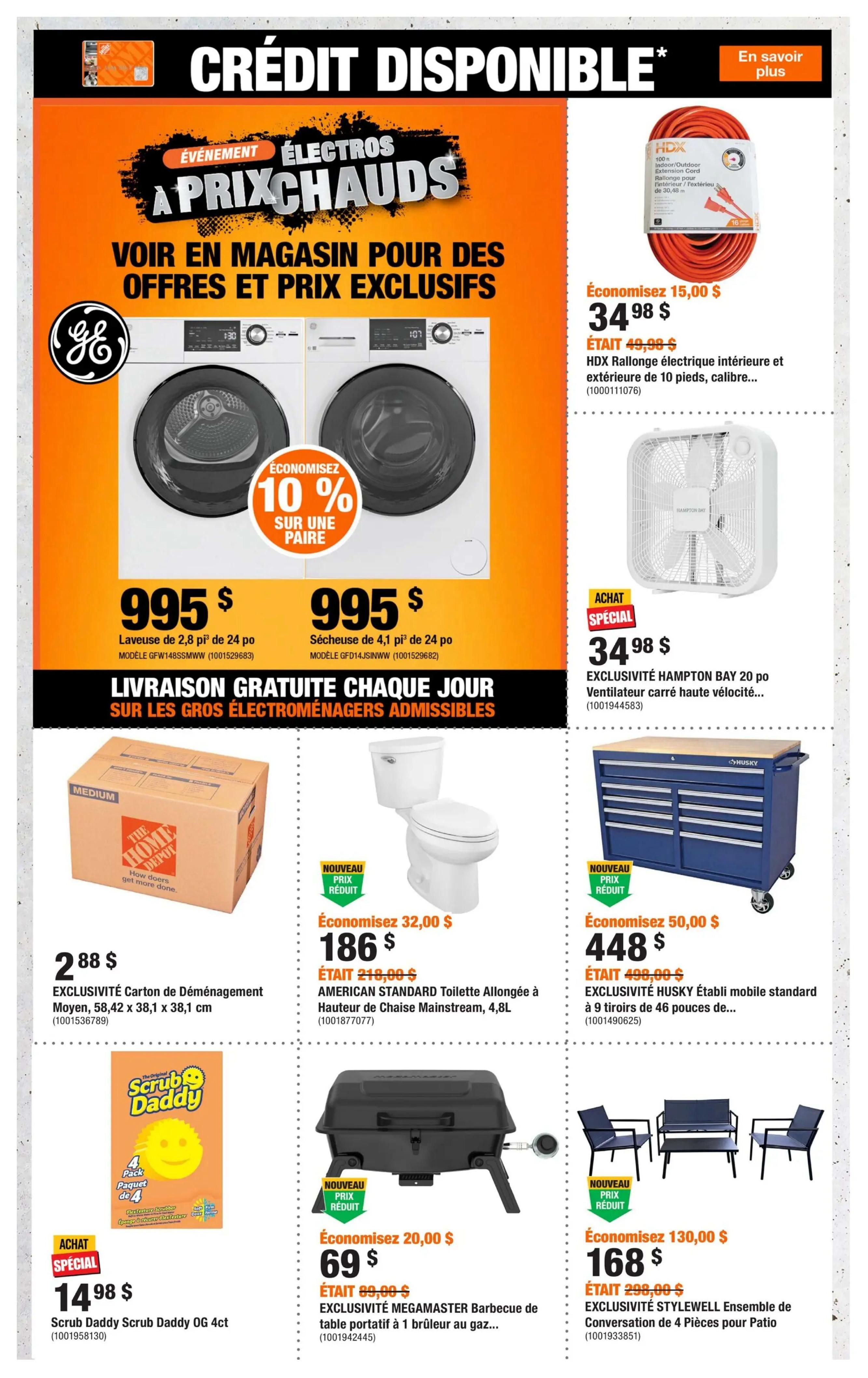 Home Depot Quebec flyer, page 2. Features 'Hot Price' event on appliances with 'See in store for offers and exclusive prices'. GE appliances include a washer for $995 and a dryer for $995, with a 'Save 10% on a pair' offer. Free delivery on eligible large appliances. Also available: HDX 100 ft. indoor/outdoor extension cord for $34.98 (save $15), HAMPTON BAY 20-inch high-velocity box fan for $34.98, MEDIUM Home Depot moving boxes for $2.88, AMERICAN STANDARD elongated toilet for $186 (save $32), EXCLUSIVITÉ HUSKY 46-inch 9-drawer mobile tool chest for $448 (save $50), Scrub Daddy Scrub Daddy OG 4ct for $14.98, EXCLUSIVITÉ MEGAMASTER portable 1-burner propane barbecue for $69 (save $20), and EXCLUSIVITÉ STYLEWELL 4-piece patio conversation set for $168 (save $130).