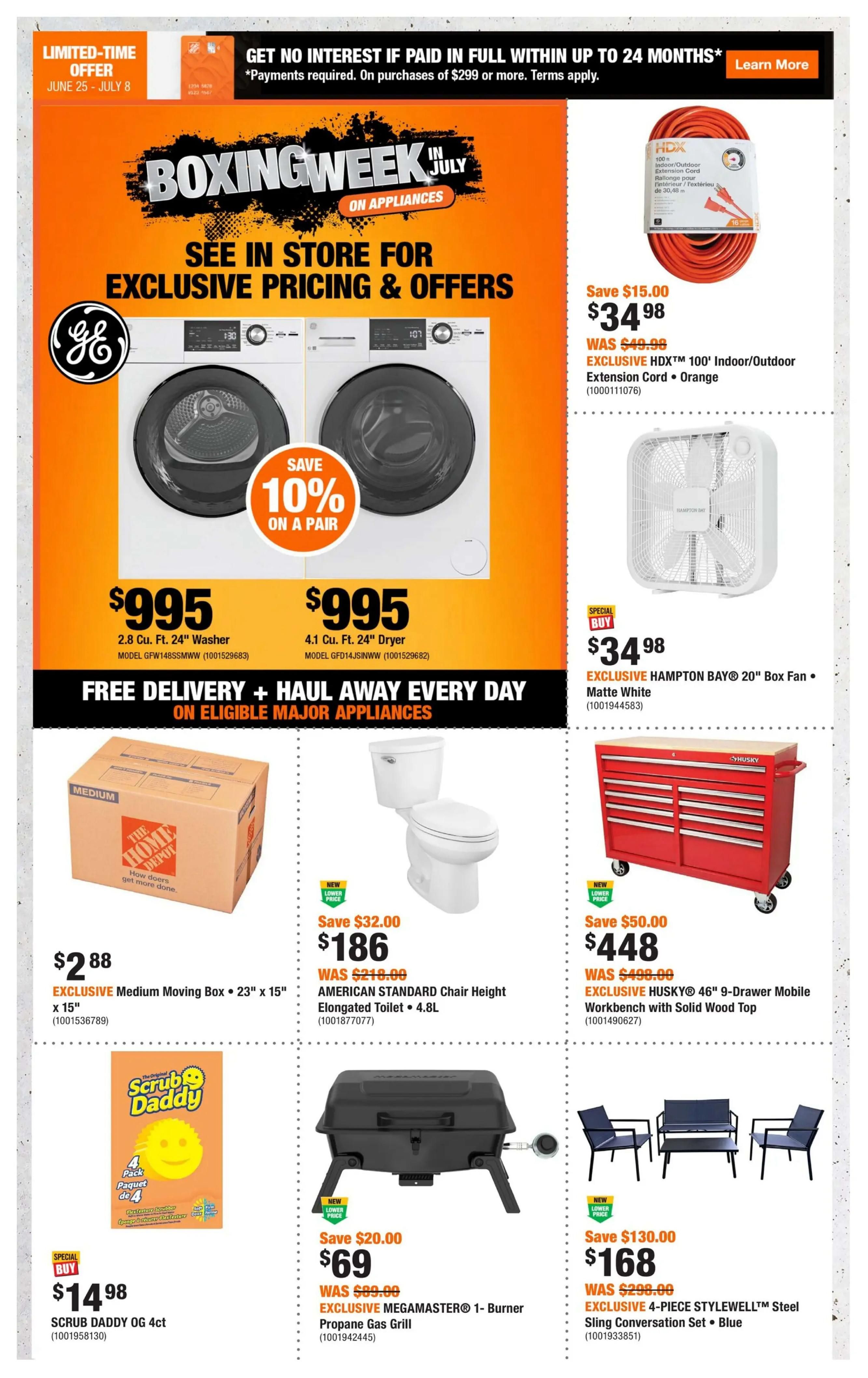 Home Depot flyer page 2 features a Boxing Week in July sale on appliances. Featured are GE washers and dryers with a 'Save 10% on a Pair' offer, priced at $995 each for the 2.8 Cu. Ft. 24' Washer (Model GFW148SSMWW) and the 4.1 Cu. Ft. 24' Dryer (Model GFD14JSINWW). Free delivery and haul away are available on eligible major appliances. Other deals include an EXCLUSIVE HDXTM 100' Indoor/Outdoor Extension Cord in Orange for $34.98 (Save $15.00), an EXCLUSIVE HAMPTON BAY® 20' Box Fan in Matte White for $34.98, and an EXCLUSIVE MEDIUM Moving Box 23' x 15' for $2.88. Also on sale is an AMERICAN STANDARD Chair Height Elongated Toilet for $186 (Save $32.00), an EXCLUSIVE HUSKY® 46' 9-Drawer Mobile Workbench with Solid Wood Top for $448 (Save $50.00), SCRUB DADDY OG 4ct for $14.98, an EXCLUSIVE MEGAMASTER® 1-Burner Propane Gas Grill for $69 (Save $20.00), and an EXCLUSIVE 4-PIECE STYLEWELL™ Steel Sling Conversation Set in Blue for $168 (Save $130.00).