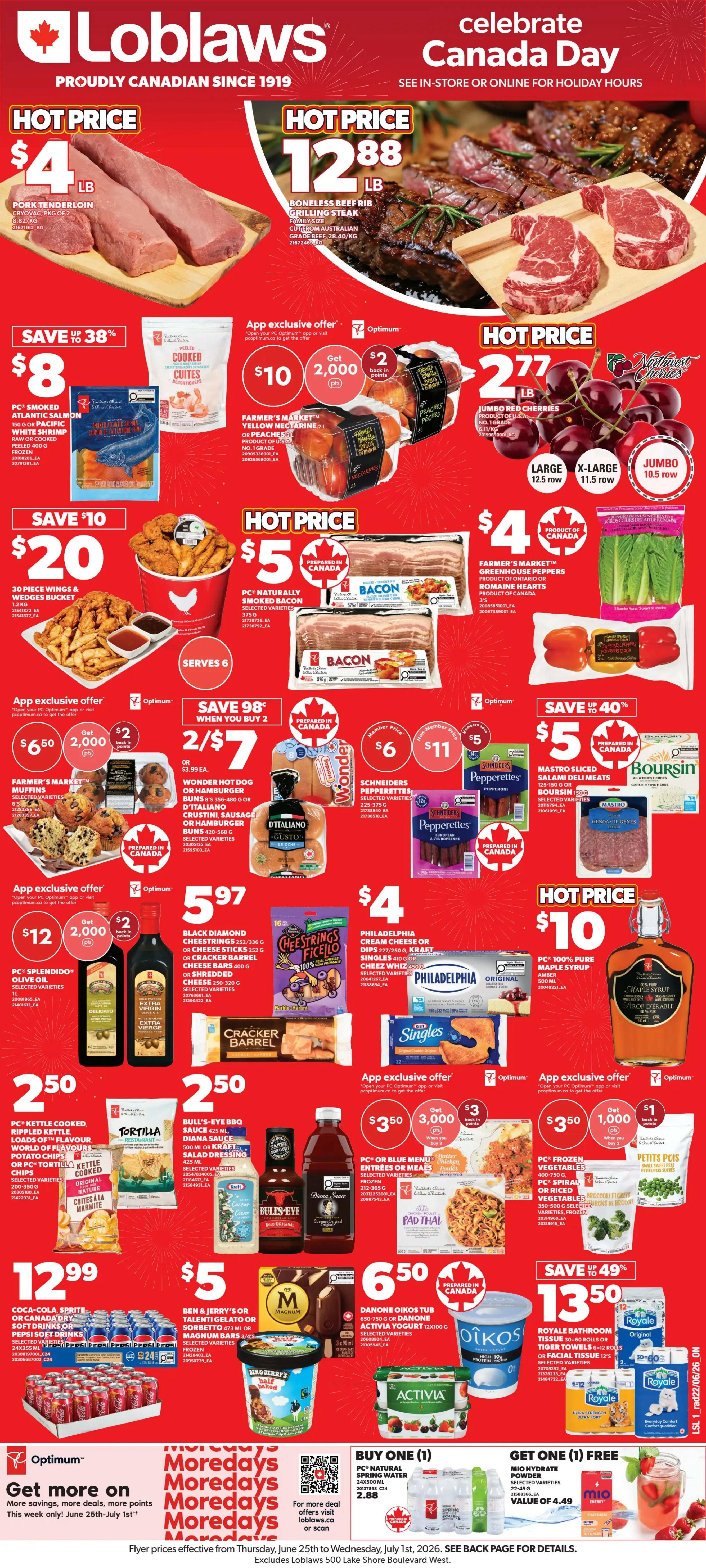 Loblaws flyer page featuring a promotion: 'Canada Wins or Draws, You Win'. Score two (2) FREE chicken tenders the day after a game win. This offer is for PC Optimum members and can be loaded via the PC Optimum app or by visiting pcoptimum.ca. The offer is redeemable at Loblaws, City Market, Zehrs, Independent, and Valu-Mart stores. The page also displays the logos for Loblaws, City Market, Zehrs, Independent, and Valu-Mart. A close-up image of two chicken tenders on a red and white checkered surface is shown at the bottom. The offer is valid for two free chicken tenders when Canada's national men's soccer team wins or draws a game between June 11 - July 19, 2026. To redeem, open the PC Optimum app or visit pcoptimum.ca to load the offer. Once activated, present the app at the Meals to Go department in-store between 11:00 AM and 7:00 PM at participating Loblaws, City Markets, Zehrs, Your Independent Grocer, Valu-Mart, and Provigo locations on the day immediately following an eligible tournament game win. Product and PC Optimum app must be scanned at checkout. Limit 1 offer per PC Optimum member. Offer has no cash value and is not combinable with other coupons/offers. While supplies last. The right to substitute the free product in the event of unavailability is reserved.