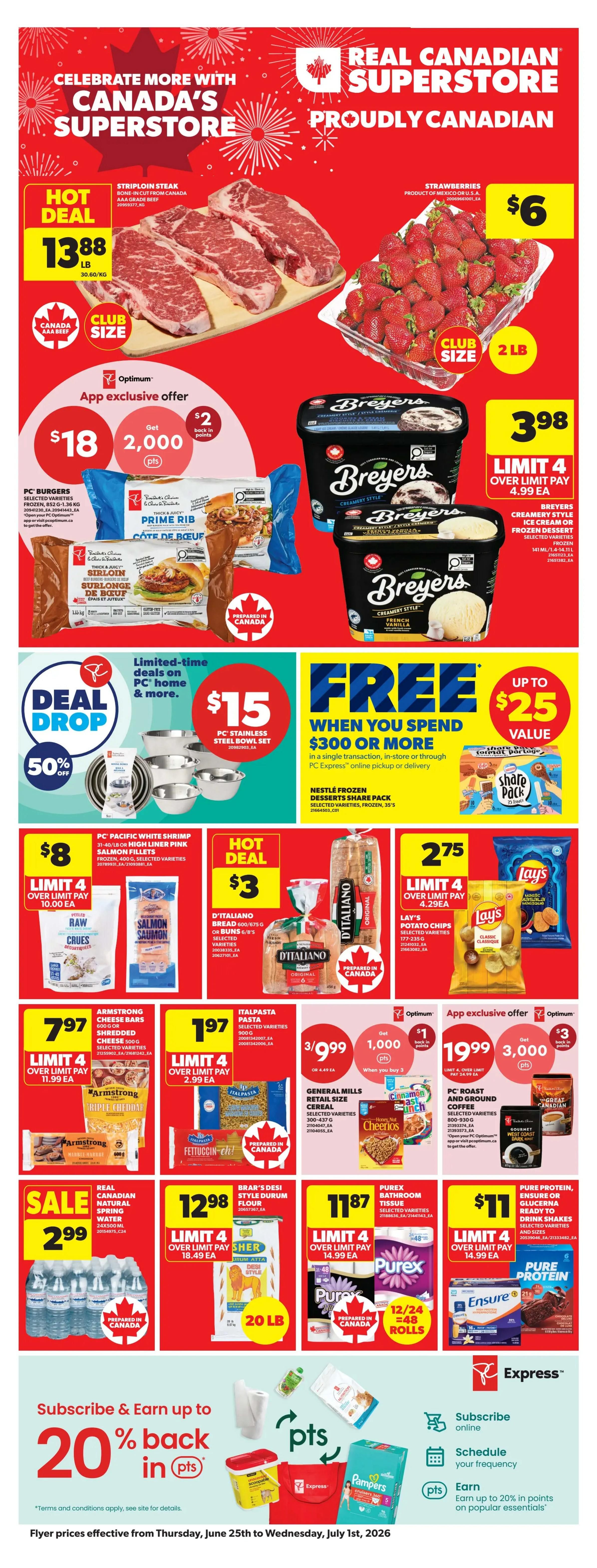 Real Canadian Superstore Hot Deals flyer page 1. Features Dove Women's or Men's Deodorant for $8 with a limit of 6, or $8.99 each over the limit. Also, up to 30% off PC or Everyday Essentials Grill Accessories, with prices ranging from $2.50 to $34.00 after savings. PC Batteries are also up to 30% off, with prices from $2.80 to $22.40 after savings. Spunky Pup Dog Toys are up to 25% off, priced between $5.99 and $12.74 after savings. Quirky Kitty Cat Toys are also up to 25% off, with prices from $5.62 to $13.49 after savings. Additionally, there's a Hot Wheels 'Challenge Your Racer' event on Saturday, June 27 from 10 AM to 12 PM, where kids can colour and build a Hot Wheels ramp. This event is available at select stores only, one per child, while supplies last. Participating store locations include Winnipeg-Regent Ave, Bison Dr, St. Annes Rd, Vancouver-Grandview Hwy, Coquitlam-3000 Lougheed, Saskatoon-8th St E., Grand Prairie, Edmonton-Calgary Tr., Stony Plain, Calgary-Southport, Shawnessy, Red Deer and 2855 Gladwin Road, Abbotsford.