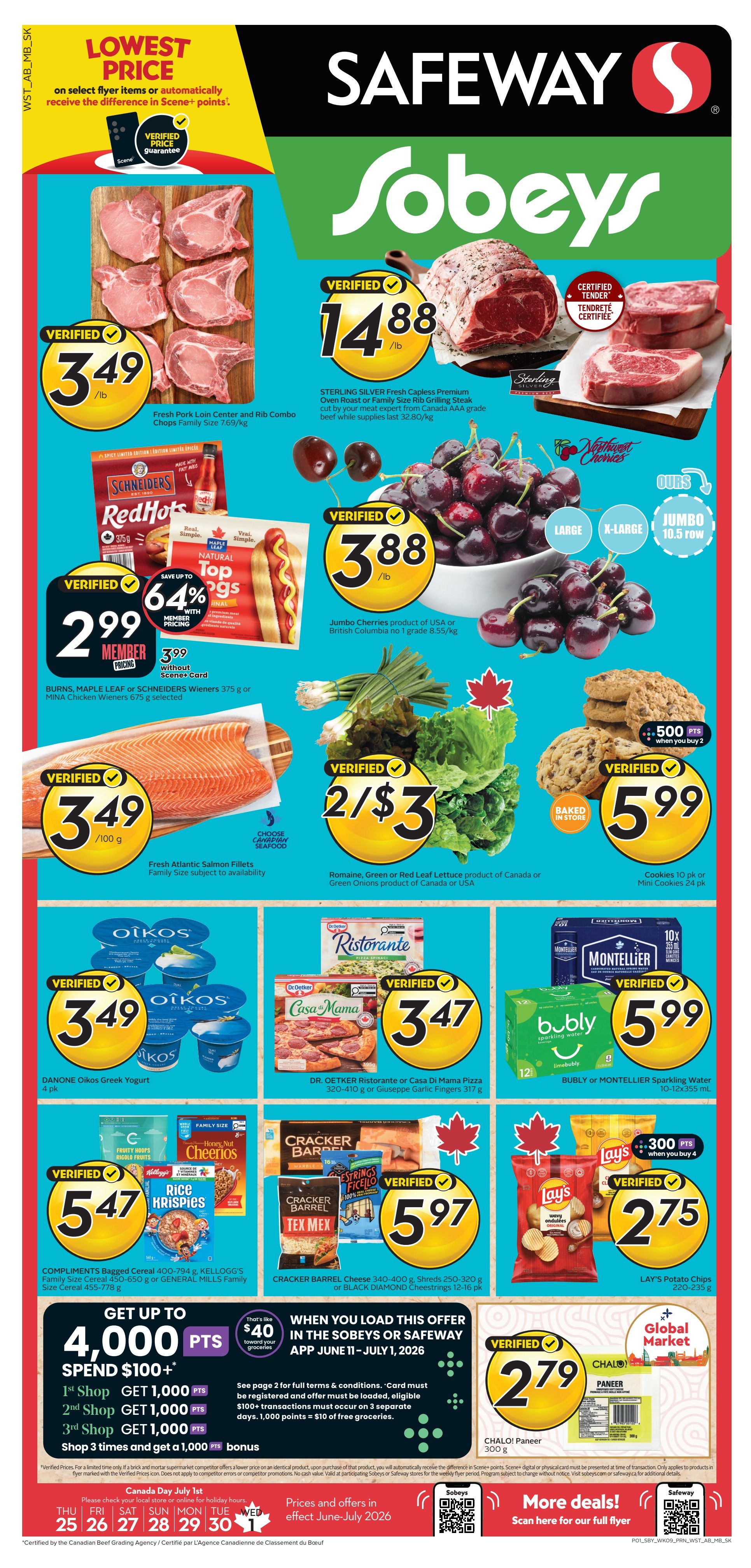 Safeway Sobeys weekly flyer specials. Featured items include Fresh Pork Loin Center and Rib Combo Chops for $3.49/lb, Sterling Silver Fresh Capless Premium Oven Roast or Family Size Rib Grilling Steak for $14.88/lb, and Jumbo Cherries for $3.88/lb. Also on sale are Burns, Maple Leaf or Schneiders Wieners for $2.99 with Scene+ card (save 64%), Fresh Atlantic Salmon Fillets for $3.49/100g, Romaine, Green or Red Leaf Lettuce and Green Onions for 2 for $3, Danone Oikos Greek Yogurt 4 pk for $3.49, Dr. Oetker Ristorante or Casa Di Mama Pizza for $3.47, and bubly or Montellier Sparkling Water 10-12x355 mL for $5.99. Other deals include Compliments Bagged Cereal 450-650g or General Mills Family Size Cereal 455-778g for $5.47, Cracker Barrel Cheese 340-400g or Shreds 250-320g or Black Diamond Cheesestrings 12-16 pk for $5.97, and Lay's Potato Chips 220-235g for $2.75. Baked in store cookies are $5.99. Get up to 4,000 bonus Scene+ points when you spend $100+ across 3 shops between June 11 - July 1, 2026. Prices and offers are valid June 25 - July 1, 2026.