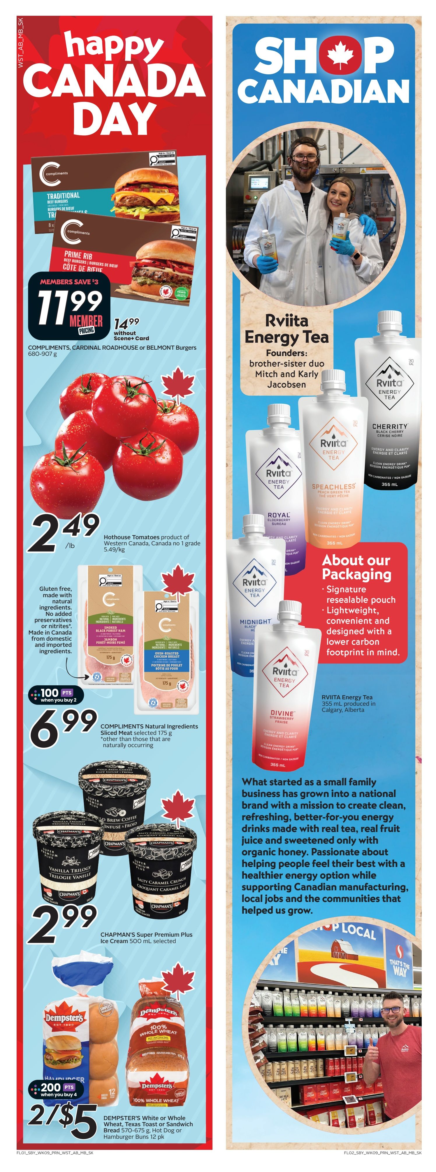 Sobeys Saskatchewan flyer page 2 features Happy Canada Day specials. Compliments Traditional or Prime Rib Beef Burgers are $11.99 for members, regularly $14.99. Hothouse Tomatoes are $2.49 per pound. Compliments Natural Ingredients Sliced Meat, including Smoked Black Forest Ham and Oven-Roasted Chicken Breast, is $6.99 when you buy 2 and earn 100 points. Chapman's Super Premium Plus Ice Cream 500 mL is $2.99. Dempster's White or Whole Wheat Bread, Texas Toast, Sandwich Bread, Hot Dog or Hamburger Buns are 2 for $5 when you buy 4 and earn 200 points. The right side of the page highlights Rviita Energy Tea, a Canadian-made beverage produced in Calgary, Alberta, available in flavours like Cherrity, Speachless, Royal, Midnight, and Divine. The page also includes a 'Shop Canadian' message and information about Rviita's sustainable packaging.
