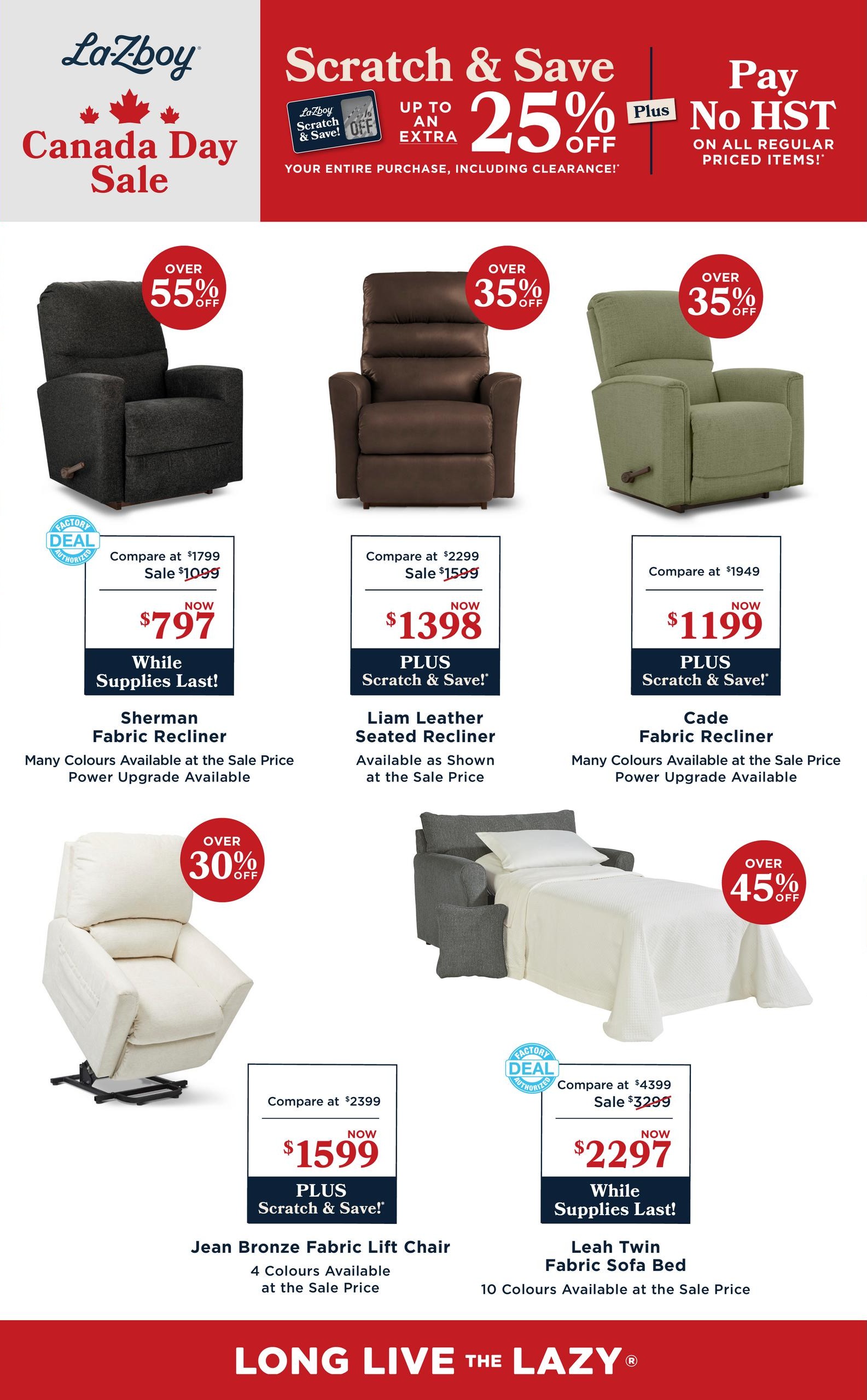 La-Z-Boy Canada Day Sale flyer, page 3. Features a 'Scratch & Save' event with up to an extra 25% off your entire purchase, including clearance items, plus pay no HST on all regular priced items. Featured products include the Sherman Fabric Recliner, originally $1799, now $797, with over 55% off, available in many colours with power upgrade option. The Liam Leather Seated Recliner, originally $2299, now $1398, with over 35% off, available as shown. The Cade Fabric Recliner, originally $1949, now $1199, with over 35% off, available in many colours with power upgrade option. Also featured is the Jean Bronze Fabric Lift Chair, originally $2399, now $1599, with over 30% off, available in 4 colours. Finally, the Leah Twin Fabric Sofa Bed, originally $4399, now $3299, with over 45% off, available in 10 colours. Some items are while supplies last.