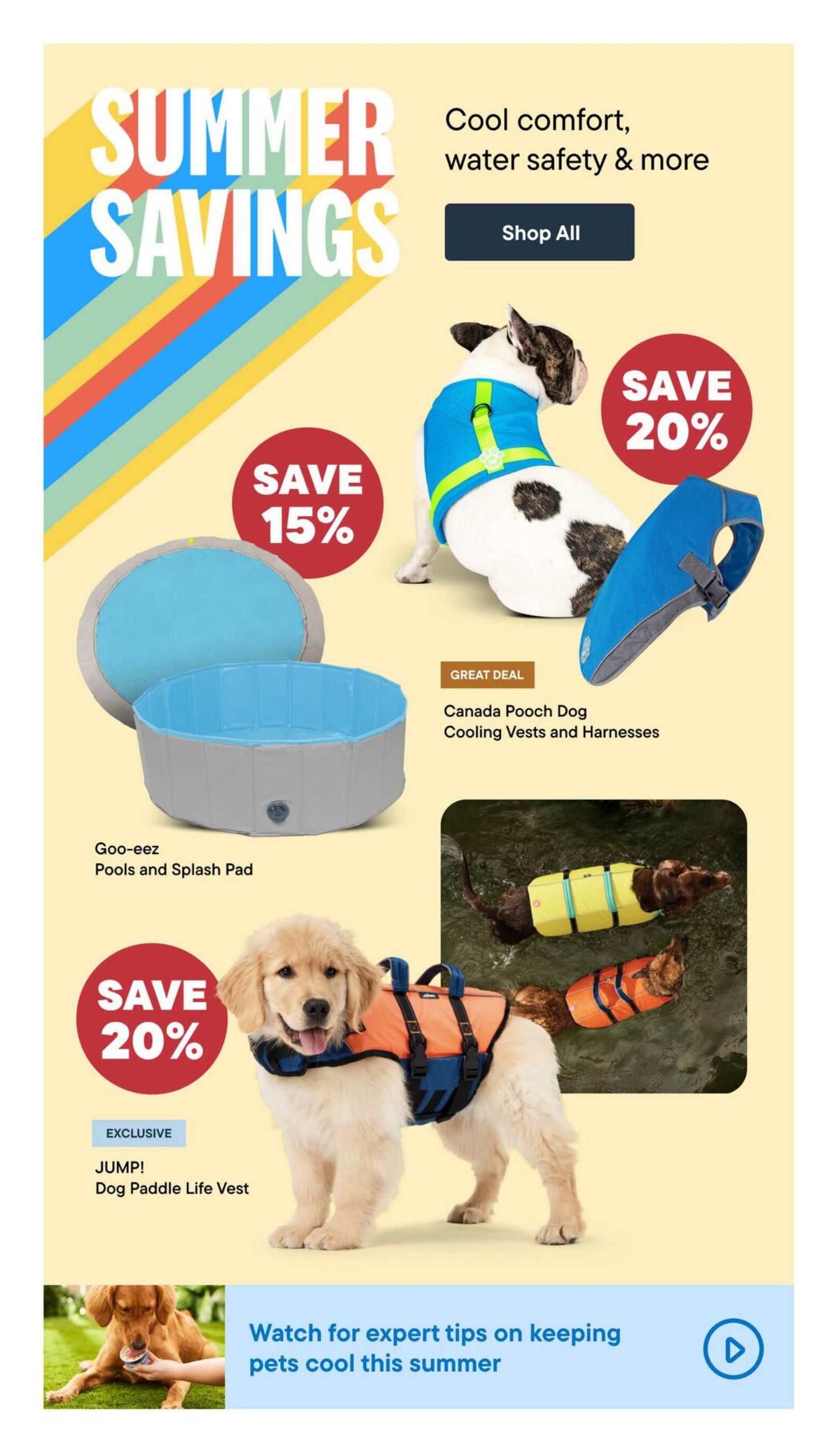 Total Pet flyer page 2: Summer Savings featuring cool comfort and water safety products for pets. Save 15% on Goo-eez Pools and Splash Pad. Save 20% on Canada Pooch Dog Cooling Vests and Harnesses. Exclusive offer: Save 20% on JUMP! Dog Paddle Life Vest. The page also includes a section with tips on keeping pets cool this summer.