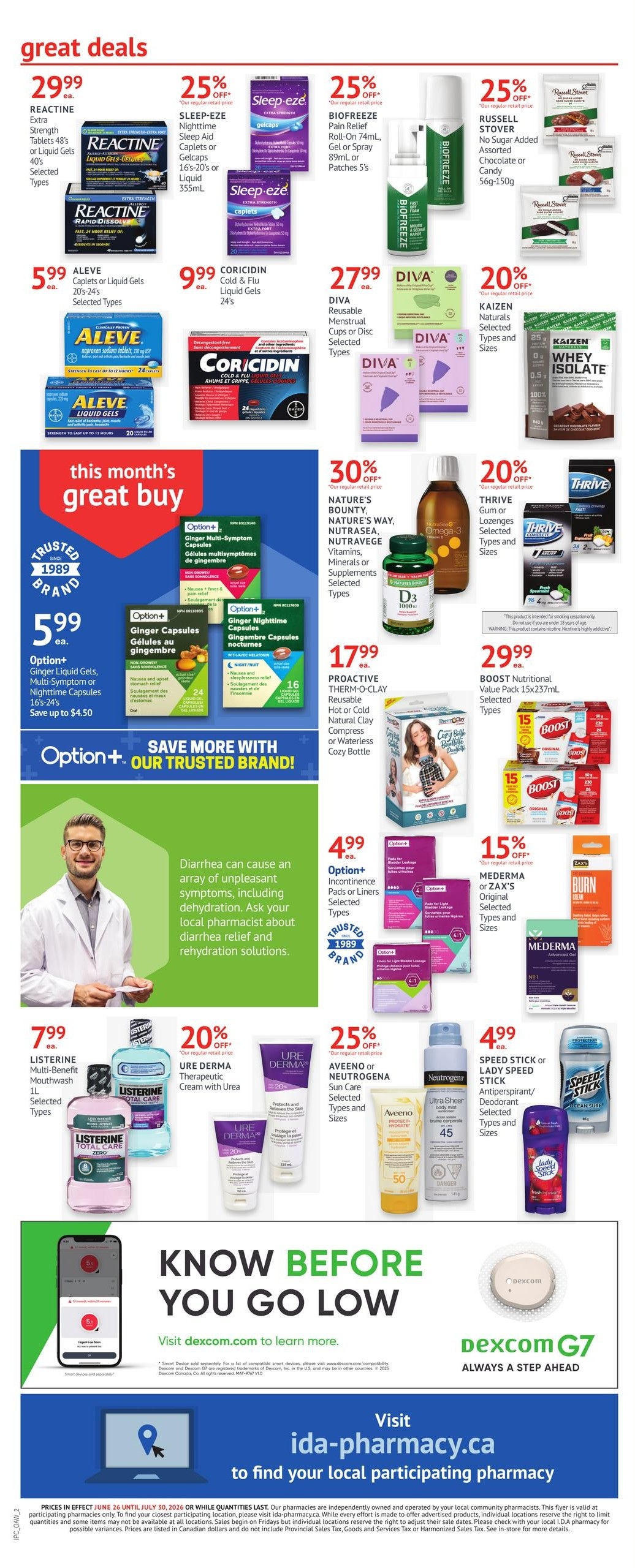 I.D.A. Pharmacy flyer page 2 features great deals on health and wellness products. Save on Reactine Extra Strength Tablets 48's for $29.99. Sleep-eze Nighttime Sleep Aid Caplets or Liquid Gels 16's-20's or 355mL are 25% off. Biofreeze Pain Relief Roll-On 74mL, Gel or Spray 89mL or Patches 5's are also 25% off. Russell Stover No Sugar Added Assorted Chocolate or Candy 56g-150g is 25% off. Aleve Caplets or Liquid Gels 20's-24's are $5.99. Coricidin Cold & Flu Liquid Gels 24's are $9.99. Diva Reusable Menstrual Cups or Disc Selected Types are $27.99. Kaizen Naturals Selected Types and Sizes are 20% off. This month's great buy includes Option+ Ginger Liquid Gels, Multi-Symptom or Nighttime Capsules 16's-24's, save up to $4.50. Nature's Bounty, Nature's Way, Nutrasea, Nutravege Vitamins, Minerals or Supplements Selected Types are 30% off. Thrive Gum or Lozenges Selected Types and Sizes are 20% off. Proactive Therm-O-Clay Reusable Hot or Cold Natural Clay Compress or Waterless Cozy Bottle is $17.99. Boost Nutritional Value Pack 15x237mL Selected Types are $29.99. Option+ Incontinence Pads or Liners Selected Types are $4.99. Mederma or Zax's Original Selected Types and Sizes are 15% off. Listerine Multi-Benefit Mouthwash 1L Selected Types are $7.99. Ure Derma Therapeutic Cream with Urea is 20% off. Aveeno or Neutrogena Sun Care Selected Types and Sizes are 25% off. Speed Stick or Lady Speed Stick Antiperspirant/Deodorant Selected Types and Sizes are $4.99. The page also includes information about Dexcom G7 continuous glucose monitoring and a reminder to visit ida-pharmacy.ca to find a local participating pharmacy.