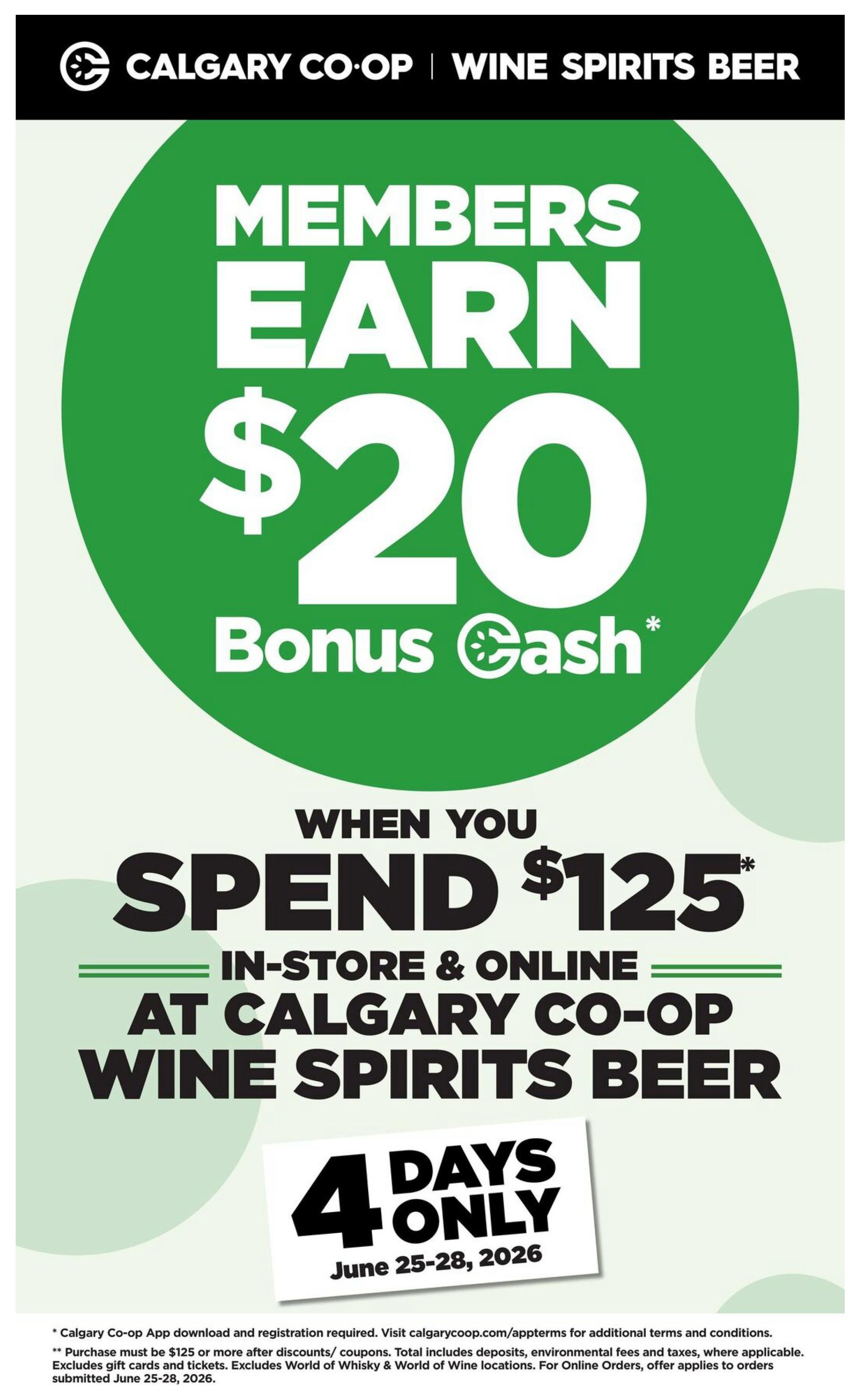 Calgary Co-op Wine Spirits Beer flyer, Page 2, featuring Happy Canada Day promotions. Offers include Quails' Gate Field & Flight Pinot Gris 750ml bottle for $14.99, save $7; Quails' Gate Field & Flight Cabernet Sauvignon 750ml bottle for $19.99, save $10. Kokanee 18 Pack Cans are $27.99, save $12 with app exclusive savings for registered members. Alberta Pure Vodka 750ml bottle is $18.99, save $8, with price match. Alberta Premium Canadian Rye Whisky 750ml bottle is $19.99, save $8, with price match. Wayne Gretzky Red Cask Canadian Whisky 750ml bottle is $27.99, save $15. Beer promotions include Budweiser, Bud Light, Molson Canadian or Coors Light 24 Pack Cans for $36.99, save $13. Michelob Ultra 24 Pack Cans are $39.99, save $15. The flyer highlights 'More Patio, Less Prep' and lists prices in effect June/July 25-30 and July 1, 2026.