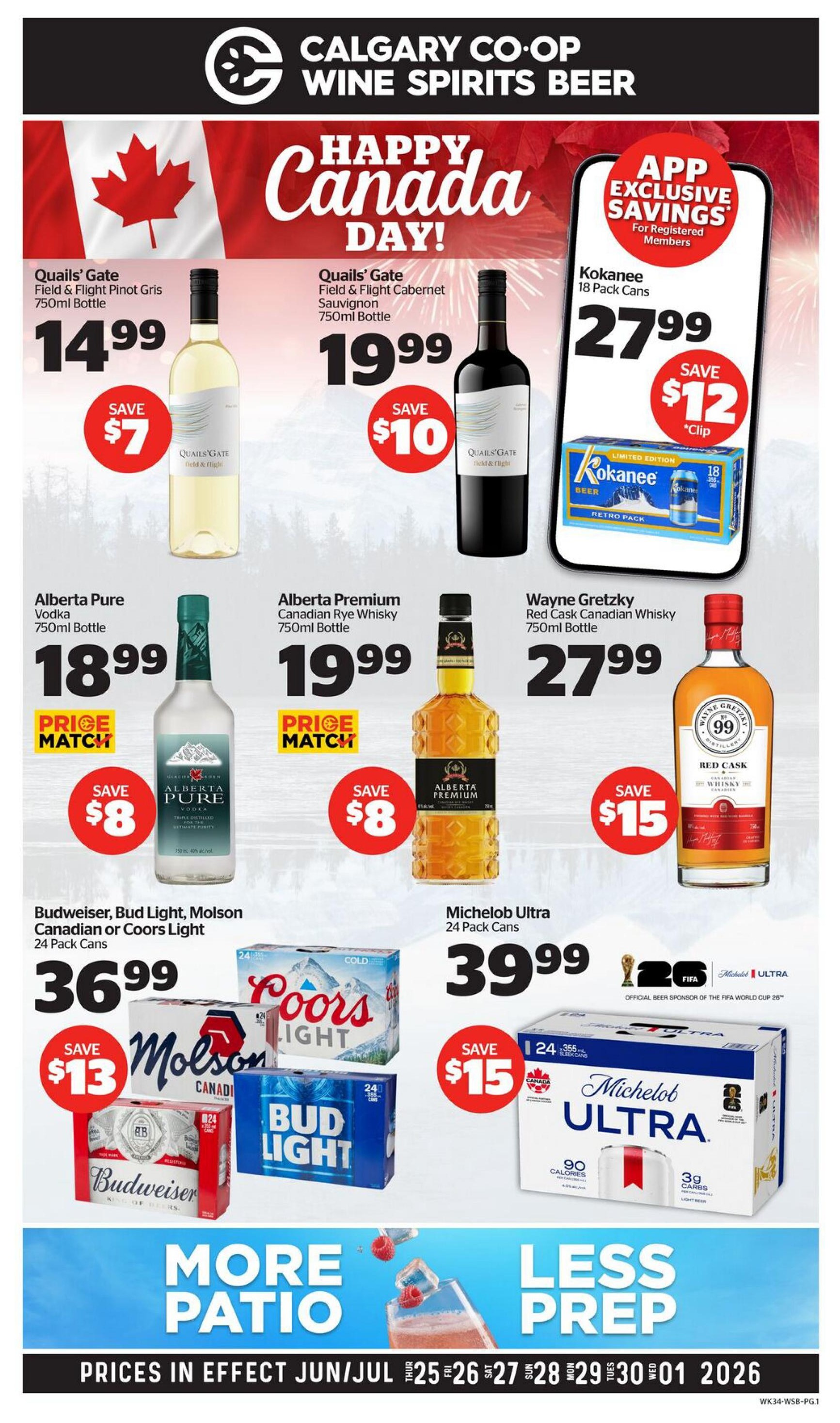 Calgary Co-op Wine Spirits Beer flyer. Members earn $20 Bonus Cash when you spend $125 in-store and online at Calgary Co-op Wine Spirits Beer. Offer valid for 4 days only, June 25-28, 2026. Additional terms and conditions apply, including purchase requirements and exclusions for gift cards, tickets, World of Whisky, and World of Wine locations. Online orders must be submitted by June 25-28, 2026.
