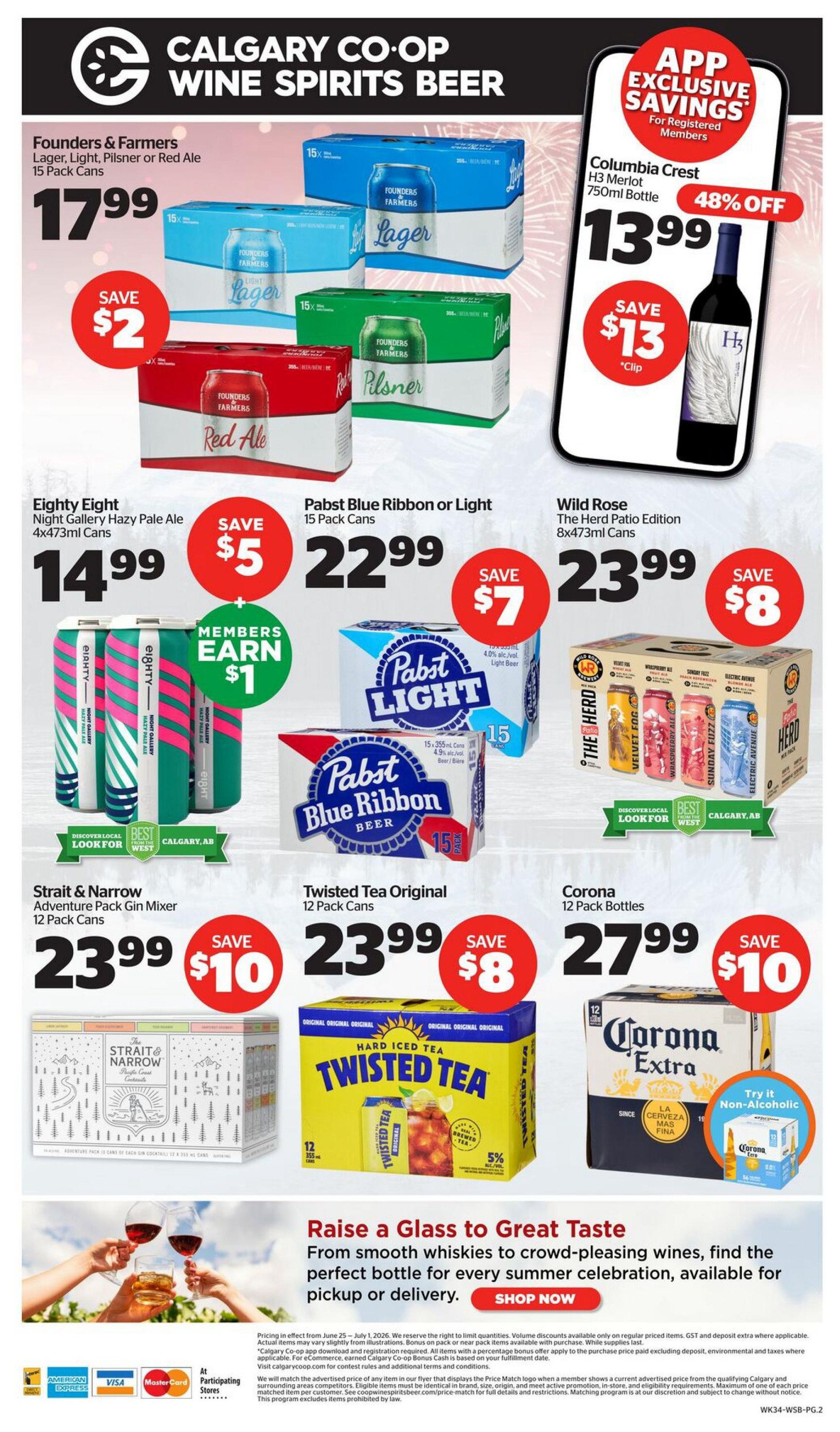 Calgary Co-op Wine Spirits Beer flyer, page 3. Featured products include Founders & Farmers Lager, Light, Pilsner or Red Ale 15 Pack Cans for $17.99, save $2. Columbia Crest H3 Merlot 750ml Bottle for $13.99, save $13, 48% off, app exclusive savings for registered members. Eighty Eight Night Gallery Hazy Pale Ale 4x473ml Cans for $14.99, save $5, members earn $1. Pabst Blue Ribbon or Light 15 Pack Cans for $22.99, save $7. Wild Rose The Herd Patio Edition 8x473ml Cans for $23.99, save $8. Strait & Narrow Adventure Pack Gin Mixer 12 Pack Cans for $23.99, save $10. Twisted Tea Original 12 Pack Cans for $23.99, save $8. Corona 12 Pack Bottles for $27.99, save $10. The bottom section features a 'Raise a Glass to Great Taste' promotion with a 'Shop Now' button, inviting customers to find the perfect bottle for summer celebration, available for pickup or delivery.
