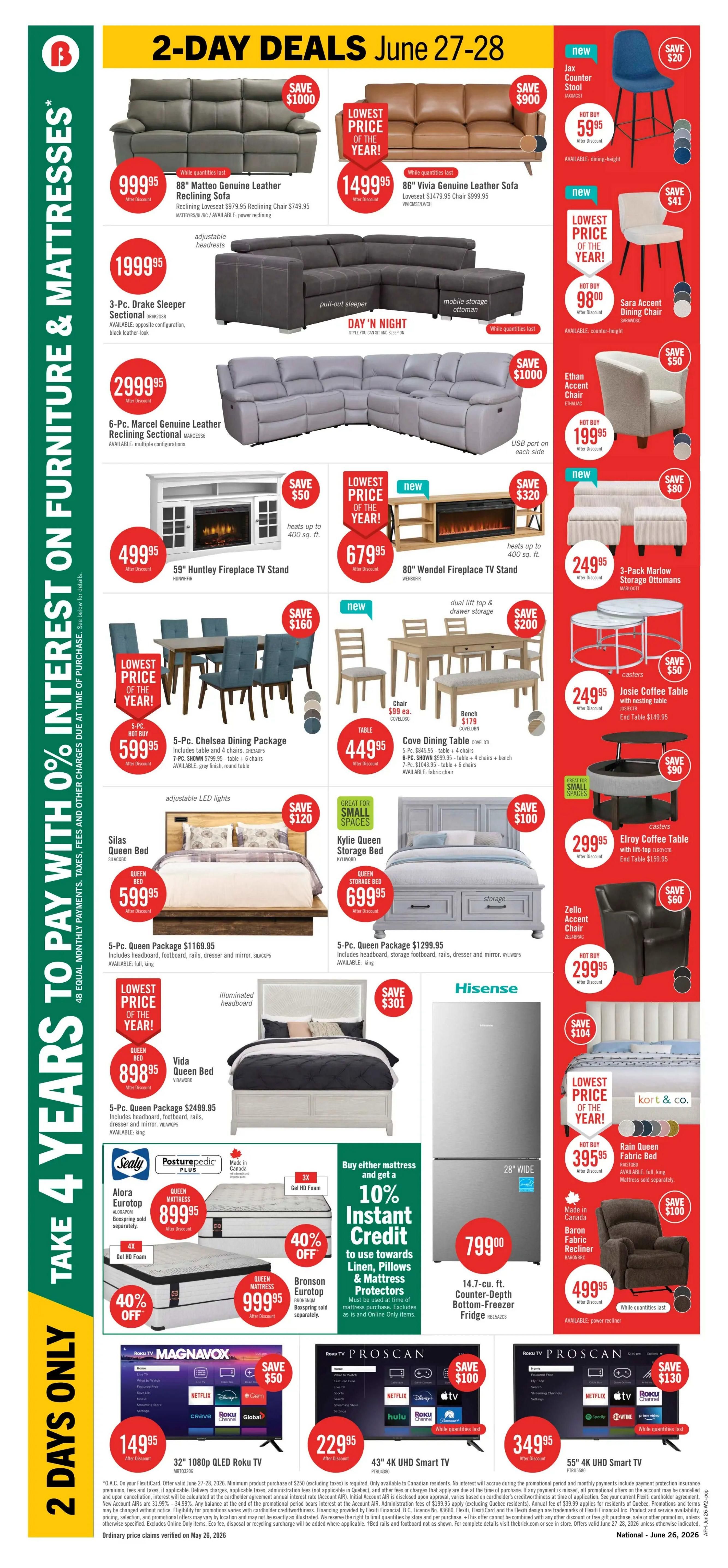 The Brick flyer page 2 features 2-Day Deals from June 27-28. Highlights include the 88' Matteo Genuine Leather Reclining Sofa for $999.95 (save $1000), the 86' Vivia Genuine Leather Sofa for $1499.95 (save $900), and a 3-Pc. Drake Sleeper Sectional for $1999.95. Also featured are the 6-Pc. Marcel Genuine Leather Reclining Sectional for $2999.95, a 59' Huntley Fireplace TV Stand for $499.95 (save $50), and an 80' Wendel Fireplace TV Stand for $679.95 (save $320). Dining sets include the 5-Pc. Chelsea Dining Package for $599.95 (save $160) and the Cove Dining Table for $449.95. Bedroom furniture includes the Silas Queen Bed for $599.95, the Kylie Queen Storage Bed for $699.95, and the 5-Pc. Queen Package for $1299.95. The Vida Queen Bed is $898.95 and the 5-Pc. Queen Package is $2499.95. Mattresses on sale include the Alora Eurotop Queen Mattress for $899.95 with 40% off and the Bronson Eurotop Queen Mattress for $999.95 with 40% off. Special financing offers include 10% instant credit on mattresses and protectors. Electronics include a 32' Magnavox QLED Roku TV for $149.95 (save $50), a 43' Proscan 4K UHD Smart TV for $229.95 (save $100), and a 55' Proscan 4K UHD Smart TV for $349.95 (save $130). Other items include Jax Counter Stools for $59.95 (save $20), Sara Accent Dining Chairs for $98.00 (save $41), Ethan Accent Chair for $199.95 (save $50), 3-Pack Marlow Storage Ottomans for $249.95 (save $80), Jostie Coffee Table for $249.95 (save $50), Elroy Coffee Table for $299.95 (save $90), and a Zello Accent Chair for $299.95 (save $60). A Hisense 14.7 cu. ft. bottom-freezer fridge is $799.00. The Kort & Co. Rain Queen Fabric Bed is $395.95 and the Baron Fabric Recliner is $499.95 (save $100).