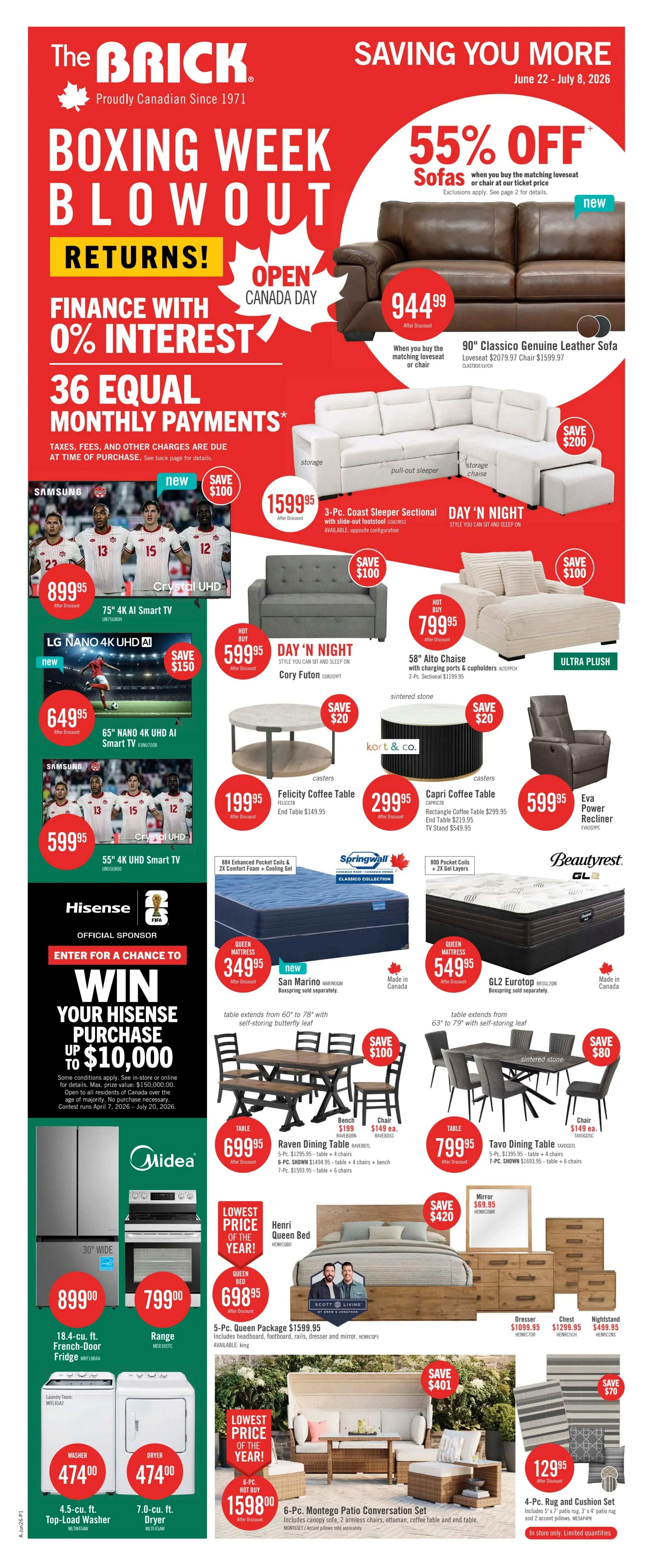 The Brick Boxing Week Blowout flyer, page 3. Save 55% off sofas with the 90' Classico Genuine Leather Sofa for $944.99 when you buy the matching loveseat or chair. Also featured is a 3-Pc. Coast Sleeper Sectional with slide-out footstool for $1599.95. Save $100 on a 75' 4K AI Smart TV for $899.95 and a 65' Nano 4K UHD AI Smart TV for $649.95. Get a 55' 4K UHD Smart TV for $599.95. Hot buys include the DAY 'N NIGHT Cory Futon for $599.95 and a 58' Alto Chaise for $799.95. Coffee tables on sale: Felicity Coffee Table for $199.95 and Capri Coffee Table for $299.95. A Springwall San Marino Queen Mattress is $349.95 and a Beautyrest GL2 Eurotop Queen Mattress is $549.95. Dining sets include the Raven Dining Table set for $699.95 and the Tavo Dining Table set for $799.95. The Henri Queen Bed is $698.95. Midea appliances: 18.4-cu. ft. French-Door Fridge for $899.00 and a Range for $799.00. Laundry pair: 4.5-cu. ft. Top-Load Washer and 7.0-cu. ft. Dryer both for $474.00. The 6-Pc. Montego Patio Conversation Set is $1598.00 and a 4-Pc. Rug and Cushion Set is $129.95. Enter to win your Hisense purchase up to $10,000.