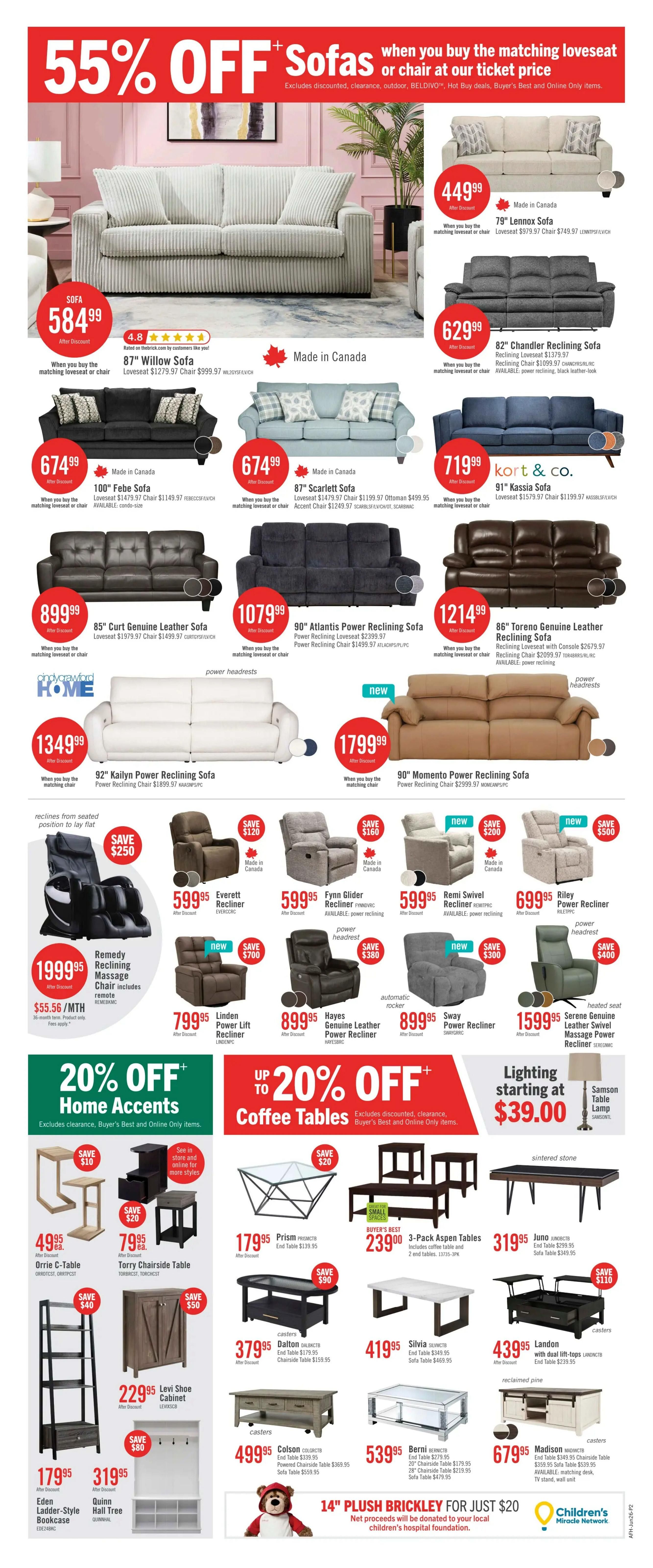 The Brick Boxing Week Blowout flyer, page 6. Features 55% off sofas and chairs when you buy the matching loveseat or chair at ticket price. Featured sofas include the 87' Willow Sofa for $584.99, 100' Febe Sofa for $674.99, 87' Scarlett Sofa for $674.99, 79' Lennox Sofa for $449.99, 82' Chandler Reclining Sofa for $629.99, 85' Curt Genuine Leather Sofa for $899.99, 90' Atlantis Power Reclining Sofa for $1079.99, 91' Kassia Sofa for $719.99, 86' Torento Genuine Leather Reclining Sofa for $1214.99, 92' Kailyn Power Reclining Sofa for $1349.99, and 90' Momento Power Reclining Sofa for $1799.99. Also on sale are various reclining chairs and massage chairs, including the Remedy Reclining Massage Chair for $1999.95. There is 20% off Home Accents and up to 20% off Coffee Tables. Featured home accents include the Orrie C-Table for $49.95 and Torry Chairside Table for $79.95. Featured coffee tables include the Prism for $179.95, 3-Pack Aspen Tables for $239.99, Juno for $319.95, Dalton for $379.95, Silvia for $419.95, Landon with dual lift-tops for $439.95, Colson for $499.95, Berni for $539.95, and Madison for $679.95. Also available is the Eden Ladder-Style Bookcase for $179.95 and Quinn Hall Tree for $319.95. Lighting starts at $39.00, featuring the Samson Table Lamp. A special offer includes a 14' Plush Brickley for just $20, with net proceeds donated to local children's hospital foundation.