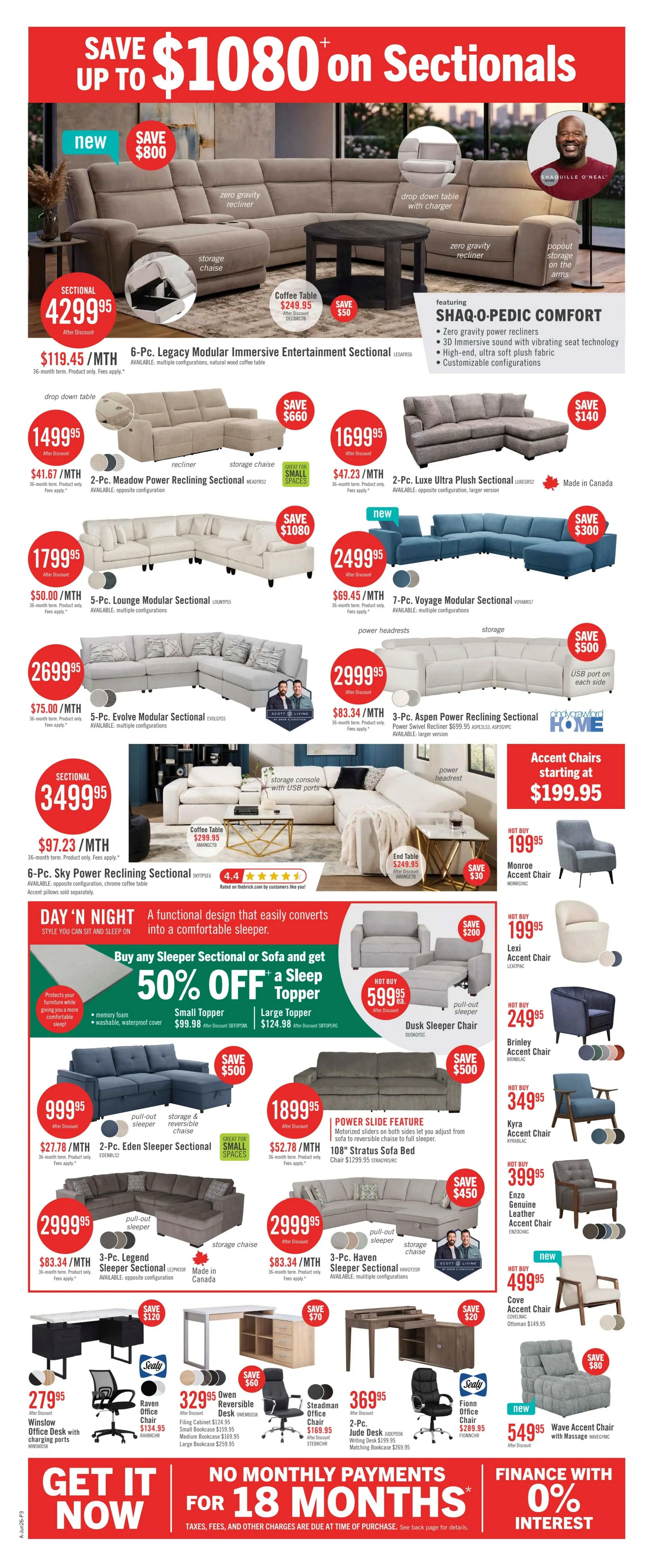 The Brick Boxing Week Blowout flyer, page 8. Save up to $1080 on sectionals. Featured is the new 6-Pc. Legacy Modular Immersive Entertainment Sectional for $4299.95, with monthly payments of $119.45/MTH, including zero gravity recliners, storage chaise, and a drop-down table with charger. Also available is a coffee table for $249.95, save $50. Other sectionals include the 2-Pc. Meadow Power Reclining Sectional for $1499.95 (save $660), 2-Pc. Luxe Ultra Plush Sectional for $1699.95 (save $140), 5-Pc. Lounge Modular Sectional for $1799.95 (save $1080), 7-Pc. Voyage Modular Sectional for $2499.95 (save $300), 5-Pc. Evolve Modular Sectional for $2699.95, 3-Pc. Aspen Power Reclining Sectional for $2999.95 (save $500), 6-Pc. Sky Power Reclining Sectional for $3499.95, and the 3-Pc. Legend Sleeper Sectional for $2999.95 (save $450), and the 3-Pc. Haven Sleeper Sectional for $2999.95. Special offer: Buy any Sleeper Sectional or Sofa and get 50% off a Sleep Topper. Small topper $99.98, Large topper $124.98. Also featured are the 2-Pc. Eden Sleeper Sectional for $999.95 (save $500) and the 108' Stratus Sofa Bed for $1899.95 (save $500). Office furniture includes the Winslow Office Desk with charging ports for $2799.95 (save $120), Raven Office Chair for $134.95, Owen Reversible Desk for $329.95 (save $60), Steadman Office Chair for $169.95, 2-Pc. Jude Desk for $369.95, and the Fionn Office Chair for $289.95. Accent chairs start at $199.95, including the Monroe Accent Chair for $199.95, Lexi Accent Chair for $199.95, Brinley Accent Chair for $249.95, Kyra Accent Chair for $349.95, Enzo Genuine Leather Accent Chair for $399.95, and the new Cove Accent Chair for $499.95, and the new Wave Accent Chair for $549.95. Financing available: No monthly payments for 18 months with 0% interest.
