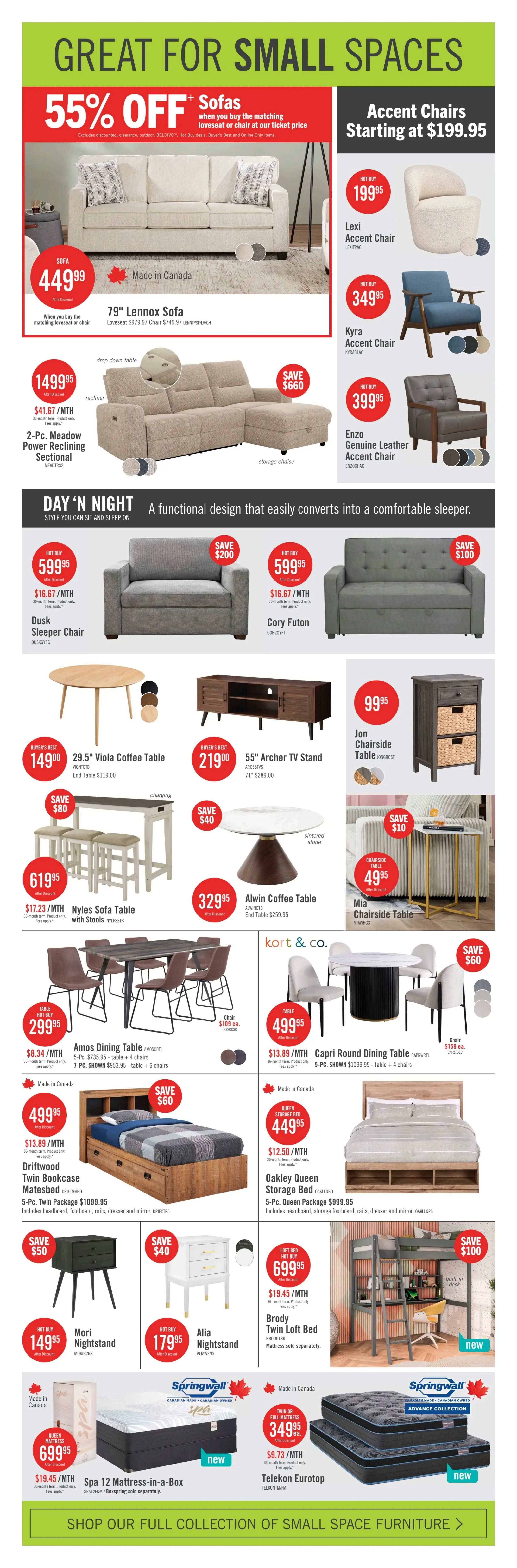 The Brick Boxing Week Blowout flyer, page 10. Great for small spaces featuring 55% off sofas when you buy the matching loveseat or chair at ticket price. The 79' Lennox Sofa is $449.99, made in Canada. A 2-Pc. Meadow Power Reclining Sectional is $1499.95, with a $660 saving. Day 'n Night functional furniture includes the Dusk Sleeper Chair for $599.95 (save $200) and the Cory Futon for $599.95 (save $100). Accent chairs start at $199.95, with the Lexi Accent Chair at $199.95, Kyra Accent Chair at $349.95, and Enzo Genuine Leather Accent Chair at $399.95. Dining and coffee tables are featured: 29.5' Viola Coffee Table for $149.00 (save $40), 55' Archer TV Stand for $219.00 (save $71), Nyles Sofa Table with Stools for $619.95 (save $80), Alwin Coffee Table for $329.95 (save $40), Amos Dining Table for $299.95 (save $71), and Capri Round Dining Table for $499.95 (save $60). Bedroom furniture includes the Driftwood Twin Bookcase Matesbed for $499.95 (save $60), Oakley Queen Storage Bed for $449.95 (save $60), Mori Nightstand for $149.95 (save $50), Alia Nightstand for $179.95 (save $40), and Brody Twin Loft Bed for $699.95 (save $100). Mattresses include the Springwall Spa 12 Mattress-in-a-Box Queen for $699.95 and the Springwall Advance Collection Telekon Eurotop Twin or Full mattress for $349.95. Shop our full collection of small space furniture.