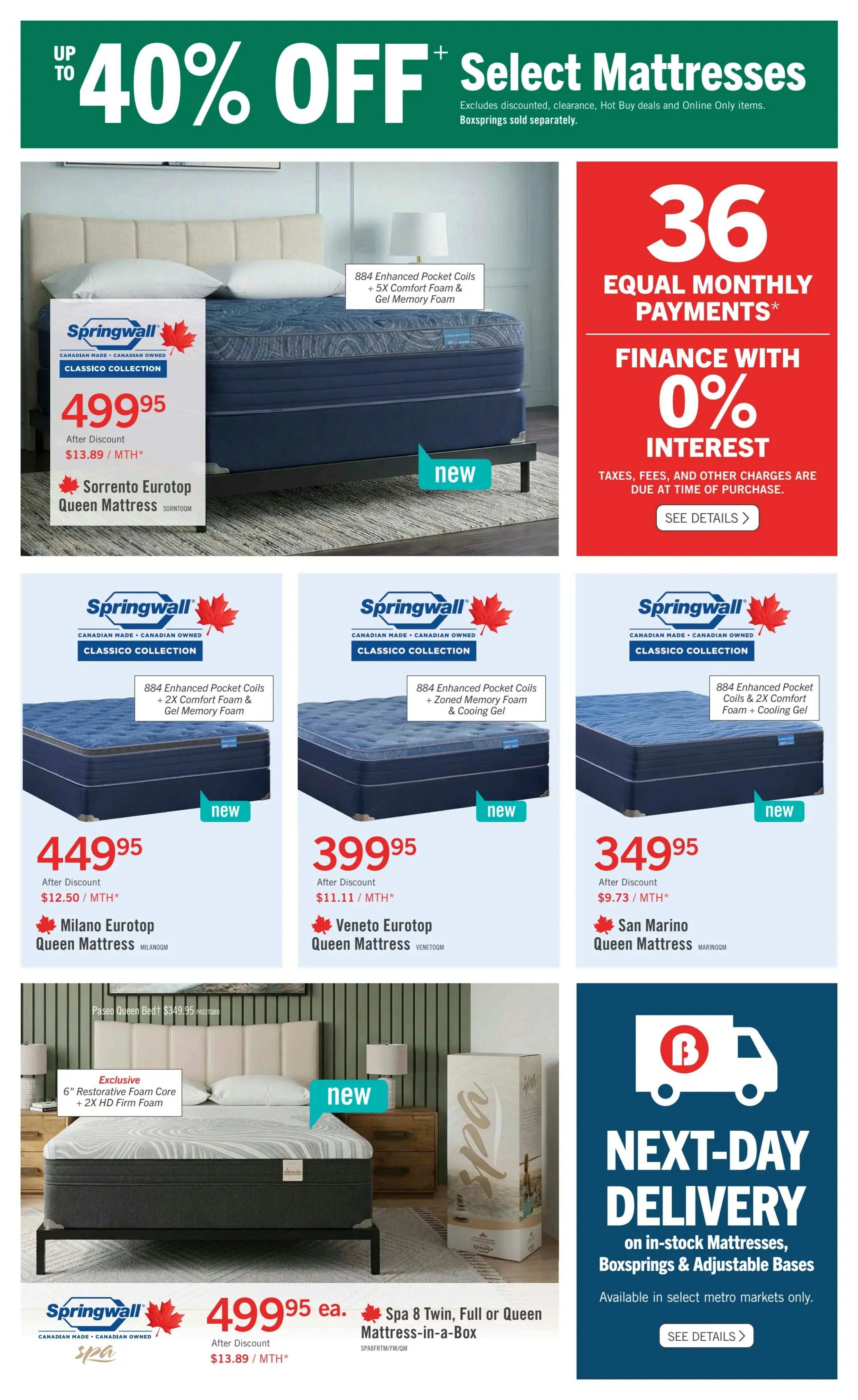 The Brick flyer page 5 features up to 40% off select mattresses. Financing is available with 0% interest for 36 equal monthly payments. Featured mattresses include the Springwall Classico Collection Sorrento Eurotop Queen Mattress for $499.95, the Milano Eurotop Queen Mattress for $449.95, and the Venetto Eurotop Queen Mattress for $399.95. The San Marino Queen Mattress is available for $349.95. Also featured is the Springwall Spa 8 Twin, Full or Queen Mattress-in-a-Box for $499.95 each, with an exclusive 6' Restorative Foam Core + 2X HD Firm Foam. Next-day delivery is available on in-stock mattresses, boxsprings, and adjustable bases in select metro markets.