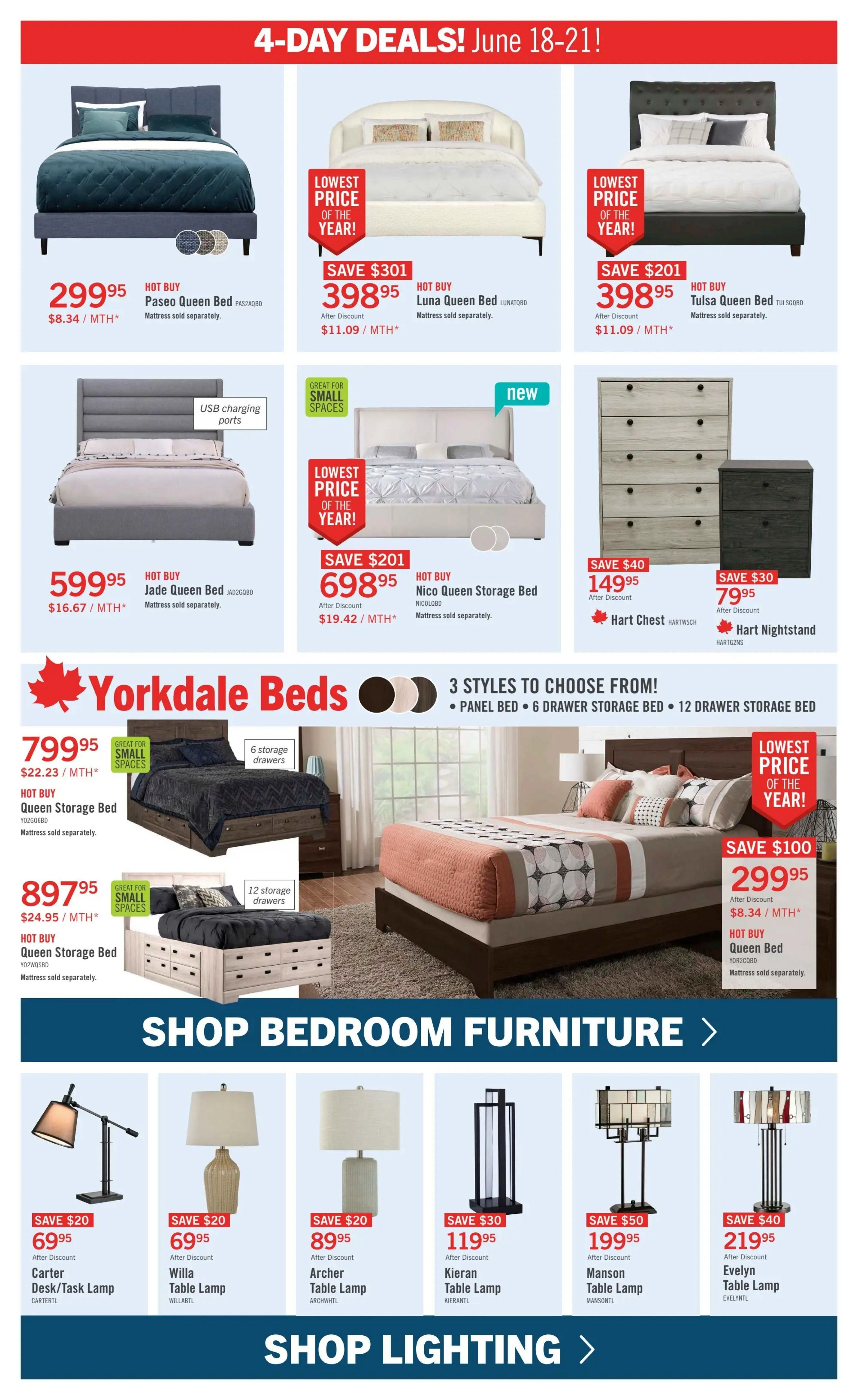 The Brick flyer page 8 features 4-day deals from June 18-21. Highlighted are the Paseo Queen Bed for $299.95, Luna Queen Bed for $398.95 (save $301), and Tulsa Queen Bed for $398.95 (save $201). Also featured is the Jade Queen Bed for $599.95 and the new Nico Queen Storage Bed for $698.95 (save $201). The Hart Chest is on sale for $149.95 (save $40) and the Hart Nightstand for $79.95 (save $30). The Yorkdale Beds collection includes a Queen Storage Bed with 6 drawers for $799.95 and a Queen Storage Bed with 12 drawers for $899.95. A Queen Bed is available for $299.95 (save $100). The page also showcases bedroom furniture and lighting, including the Carter Desk/Task Lamp for $69.95 (save $20), Willa Table Lamp for $69.95 (save $20), Archer Table Lamp for $89.95 (save $20), Kieran Table Lamp for $119.95 (save $30), Manson Table Lamp for $199.95 (save $50), and Evelyn Table Lamp for $219.95 (save $40). Mattresses are sold separately for all beds.