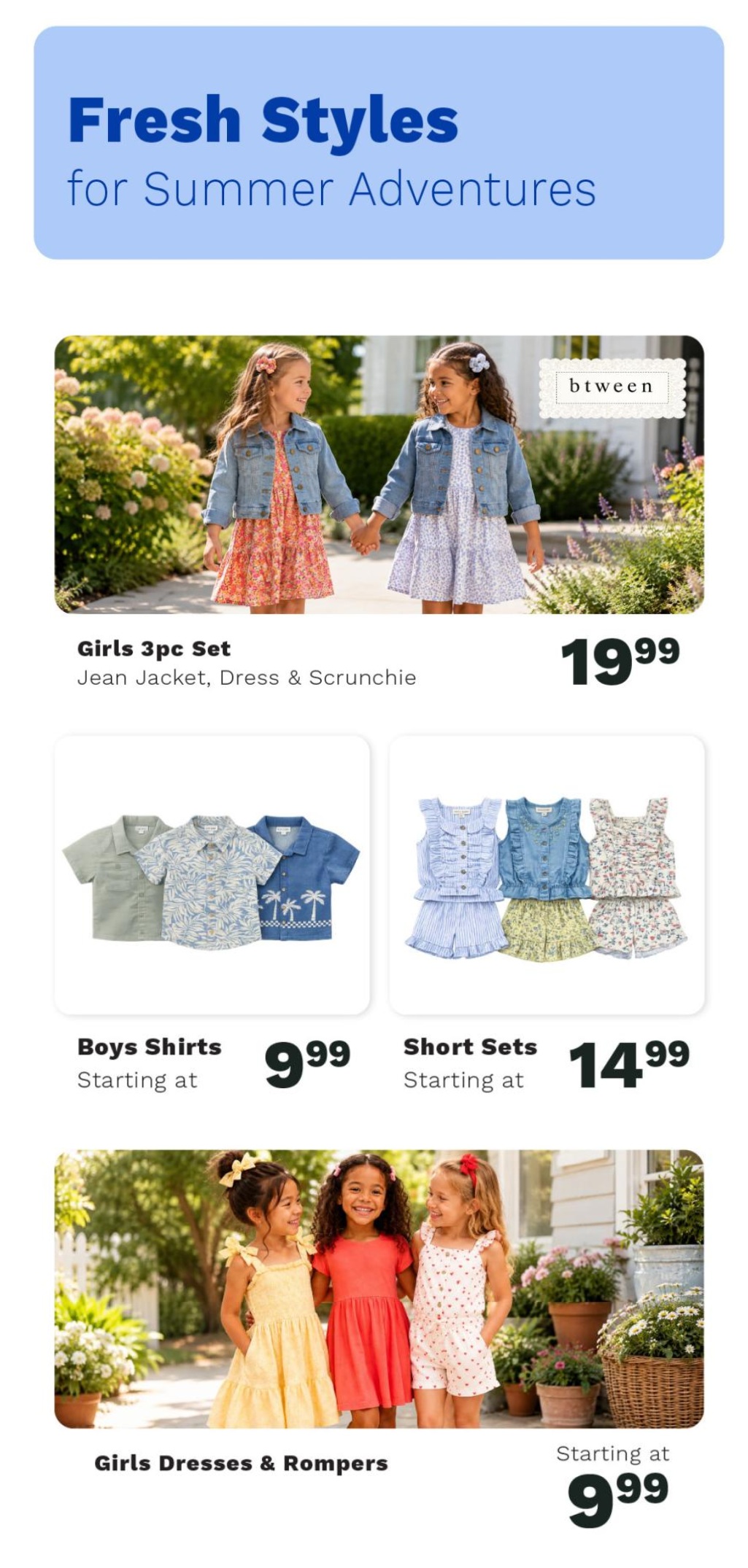 Big Box Outlet Store weekly flyer specials page 3 features 'Fresh Styles for Summer Adventures'. Offers include Girls 3pc Sets (Jean Jacket, Dress & Scrunchie) for $19.99, Boys Shirts starting at $9.99, Short Sets starting at $14.99, and Girls Dresses & Rompers starting at $9.99.