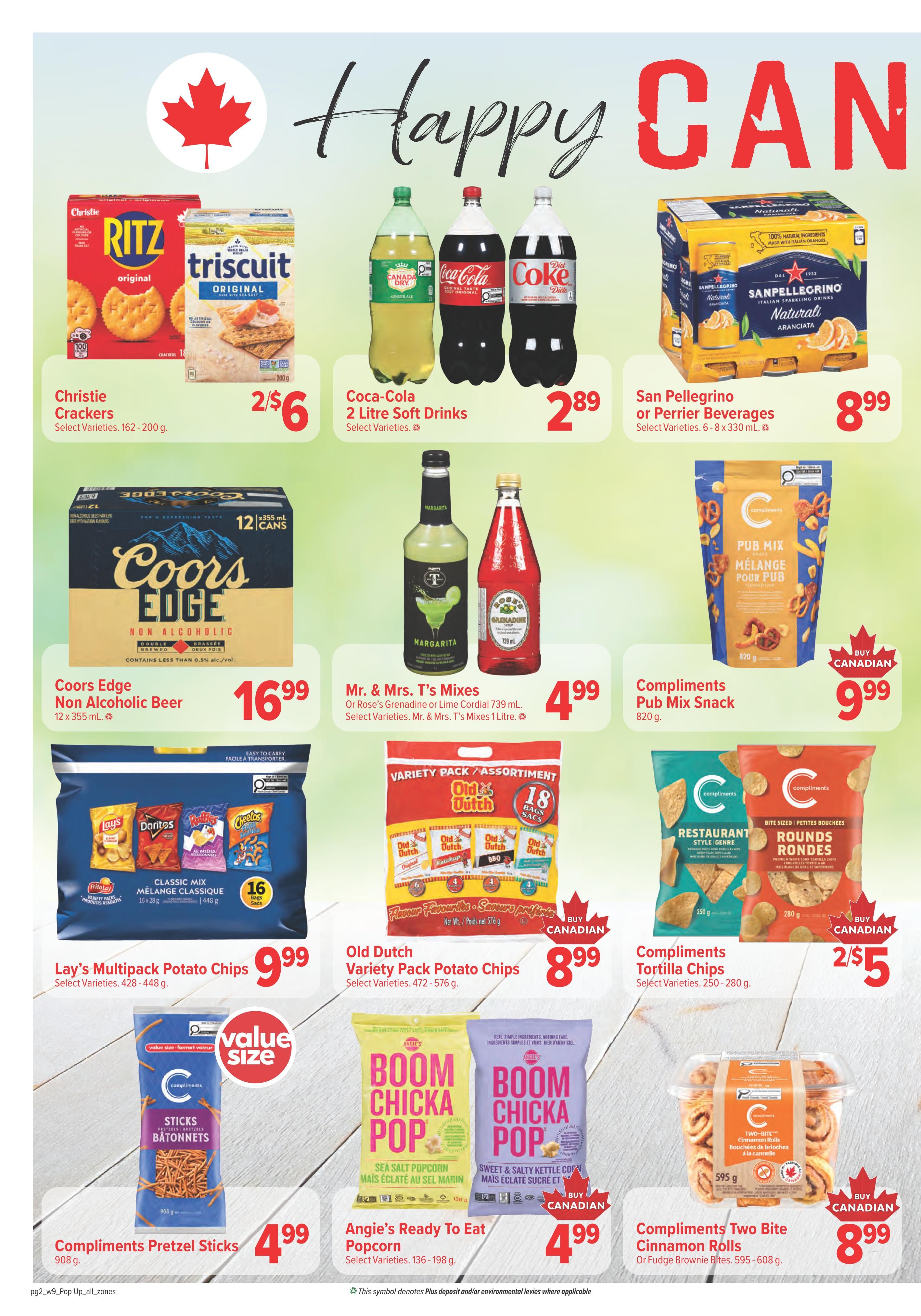 Family Foods weekly flyer specials page 10 features a variety of snacks and beverages. Highlights include Christie Crackers at 2 for $6, Coca-Cola or Canada Dry 2 Litre Soft Drinks for $2.89, and San Pellegrino or Perrier Beverages (6-8 x 330 mL) for $8.99. Also featured is Coors Edge Non-Alcoholic Beer (12 x 355 mL) for $16.99. Mr. & Mrs. T's Mixes or Rose's Grenadine/Lime Cordial (739 mL or 1 Litre) are on sale for $4.99. Compliments Pub Mix Snack (820 g) is $9.99. Lay's Multipack Potato Chips (428-448 g) are $9.99. Old Dutch Variety Pack Potato Chips (472-576 g) are $8.99. Compliments Tortilla Chips (250-280 g) are 2 for $5. Compliments Pretzel Sticks (908 g) are $4.99. Angie's Ready to Eat Popcorn (136-198 g) is $4.99. Compliments Two Bite Cinnamon Rolls or Fudge Brownie Bites (595-608 g) are $8.99. All prices are in Canadian dollars.
