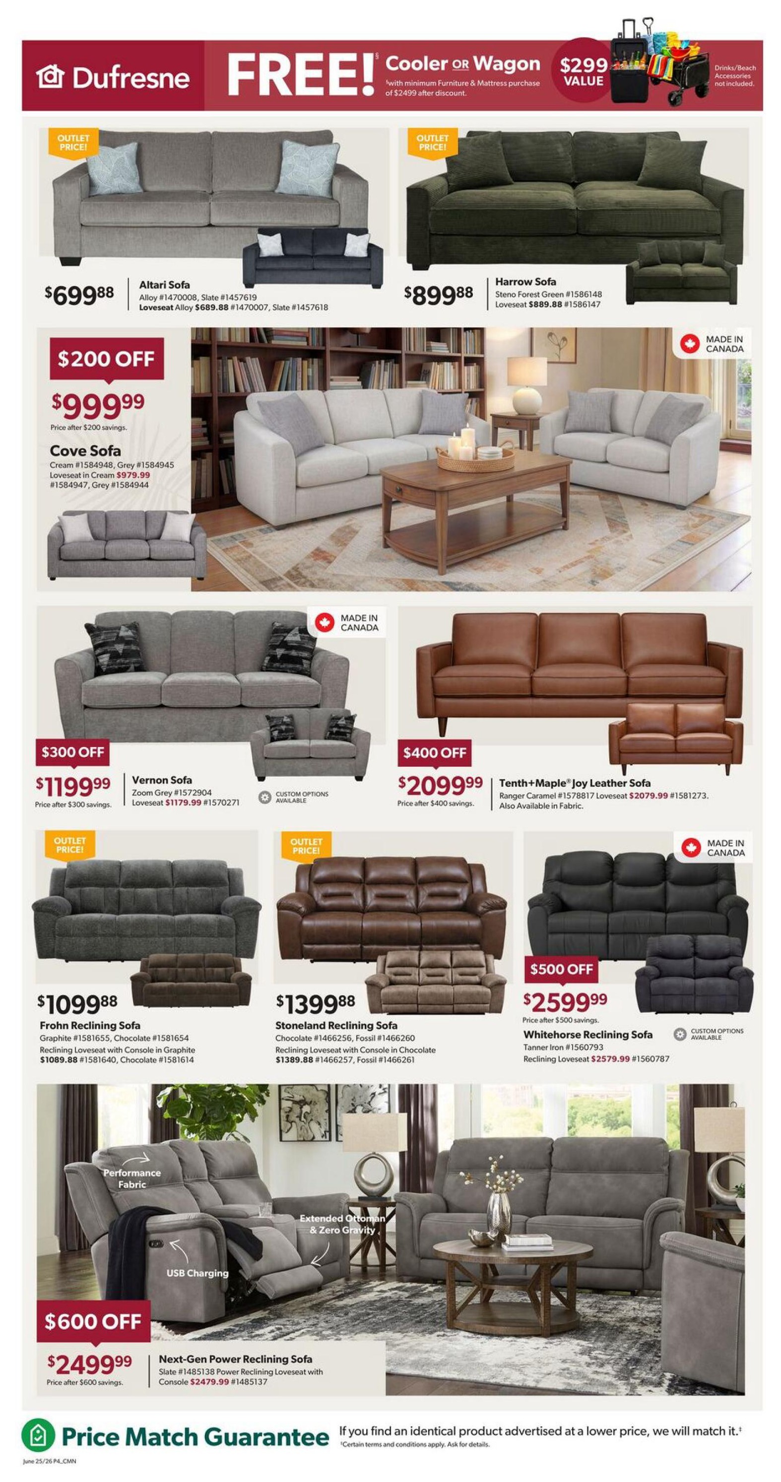 Dufresne Furniture flyer page 5 features a FREE Cooler or Wagon with minimum furniture & mattress purchase of $2499 after discount. Featured sofas include the Altari Sofa for $699.88, and the Harrow Sofa in Steno Forest Green for $899.88. The Cove Sofa is on sale for $999.99 with $200 off. The Vernon Sofa is $1199.99 with $300 off, and the Tenth+Maple Joy Leather Sofa is $2099.99 with $400 off. Reclining sofas include the Frohn Reclining Sofa in Graphite for $1099.88, the Stoneland Reclining Sofa in Chocolate for $1399.88, and the Whitehorse Reclining Sofa in Tanner Iron for $2599.99 with $500 off. The Next-Gen Power Reclining Sofa in Slate is available for $2499.99 with $600 off, featuring performance fabric, USB charging, and extended ottoman with zero gravity. Many items are made in Canada.