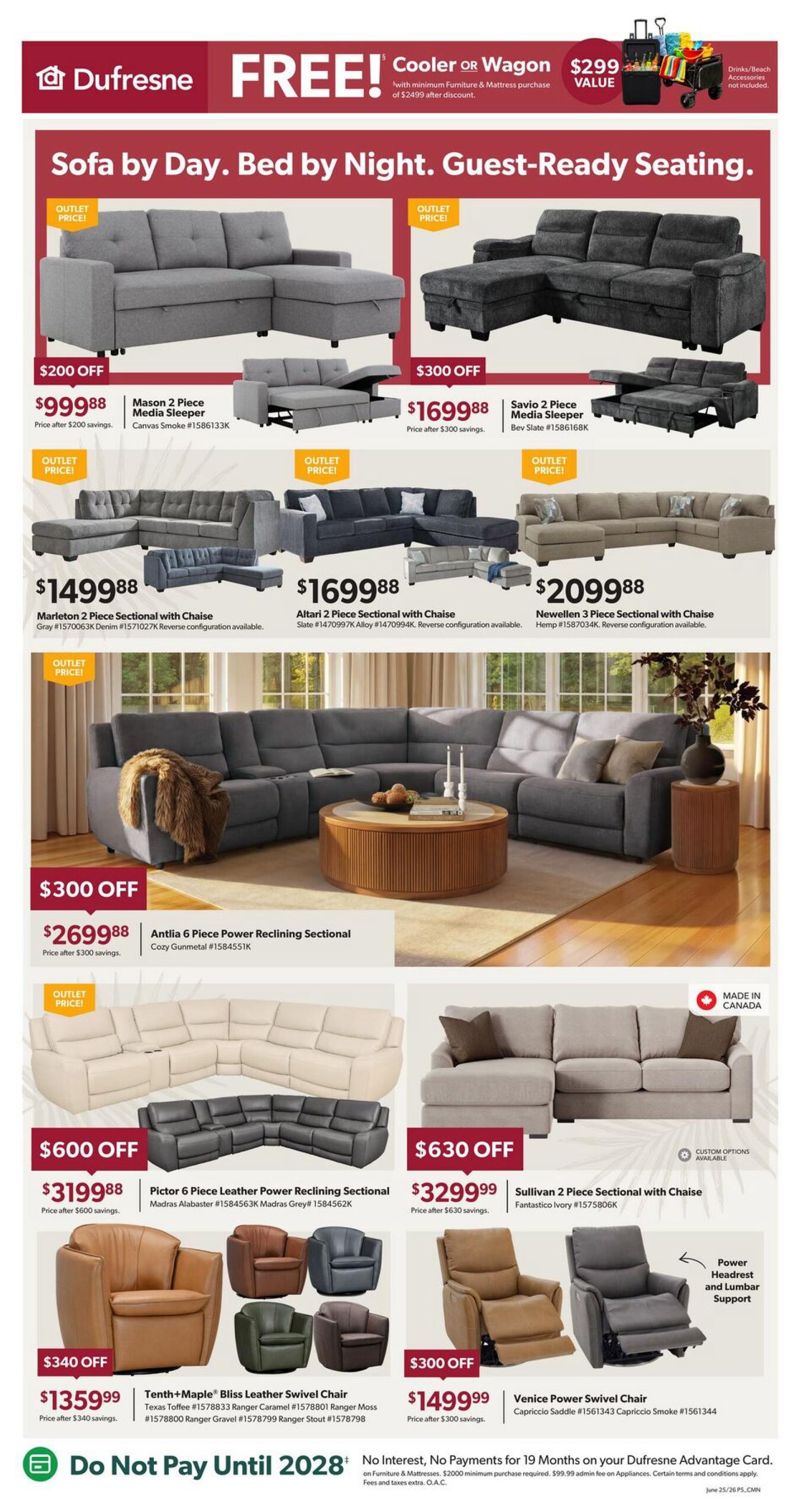 Dufresne Furniture flyer page 6 features a 'Sofa by Day. Bed by Night. Guest-Ready Seating.' theme. Top row includes the Mason 2 Piece Media Sleeper for $999.88 (save $200) in Canvas Smoke, and the Savio 2 Piece Media Sleeper for $1699.88 (save $300) in Bev Slate. Middle row showcases the Marleton 2 Piece Sectional with Chaise in Gray for $1499.88, the Altari 2 Piece Sectional with Chaise in Slate for $1699.88, and the Newellen 3 Piece Sectional with Chaise in Hemp for $2099.88. The large featured item is the Antlia 6 Piece Power Reclining Sectional in Cozy Gunmetal for $2699.88 (save $300). Below are the Pictor 6 Piece Leather Power Reclining Sectional in Madras Alabaster for $3199.88 (save $600) and the Sullivan 2 Piece Sectional with Chaise in Fantastico Ivory for $3299.99 (save $630). The bottom row displays the Tenth+Maple Bliss Leather Swivel Chair in various colours including Texas Toffee, Ranger Caramel, Ranger Moss, Ranger Gravel, and Ranger Stout for $1359.99 (save $340), and the Venice Power Swivel Chair in Capriccio Saddle or Capriccio Smoke for $1499.99 (save $300). The page also highlights a 'FREE! Cooler OR Wagon' with a $299 value with furniture & mattress purchases of $2499 after discount, and a 'Do Not Pay Until 2028' offer with no interest for 19 months on the Dufresne Advantage Card with a $2000 minimum purchase.