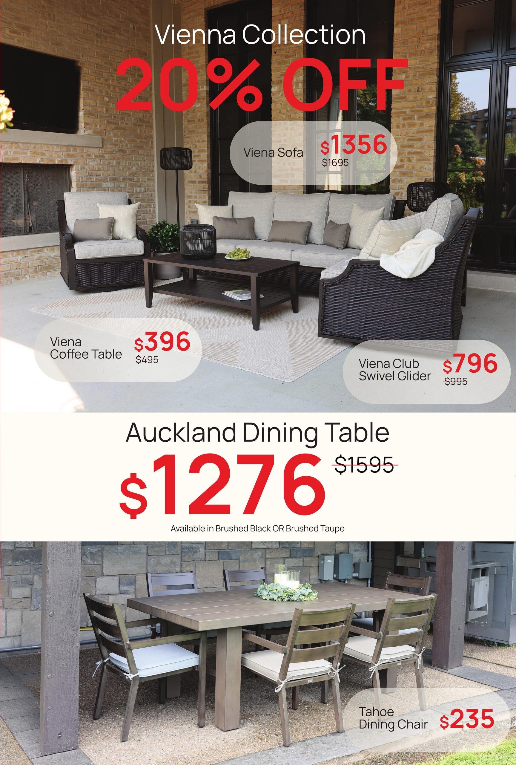 D.O.T Furniture flyer specials page 2 features the Vienna Collection with 20% off. The Vienna Sofa is on sale for $1356 (originally $1695). The Vienna Coffee Table is priced at $396 (originally $495). The Vienna Club Swivel Glider is available for $796 (originally $995). Also featured is the Auckland Dining Table for $1276 (originally $1595), available in Brushed Black or Brushed Taupe. The Tahoe Dining Chair is priced at $235.