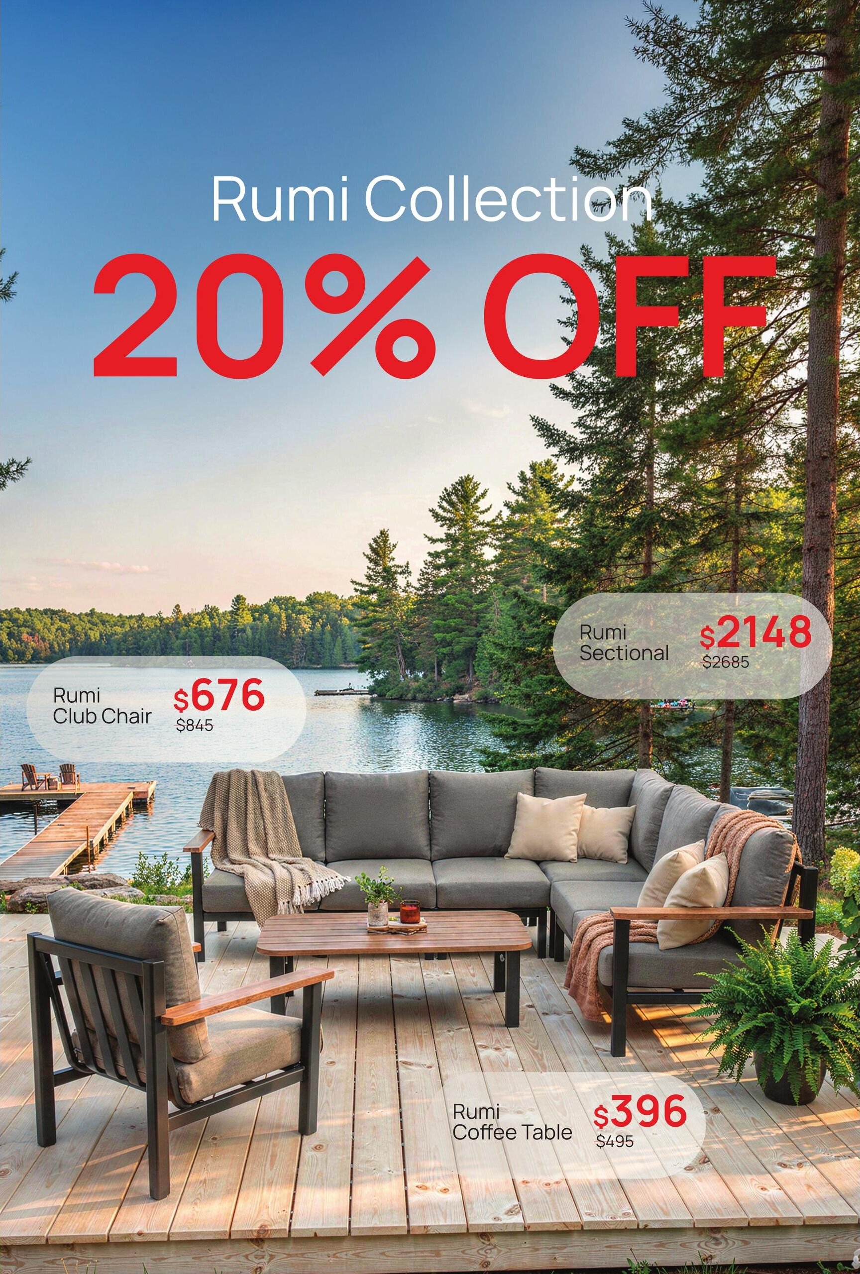 D.O.T Furniture flyer, Page 3. Featuring the Rumi Collection with 20% OFF. Items include the Rumi Club Chair for $676 (originally $845), the Rumi Sectional for $2148 (originally $2685), and the Rumi Coffee Table for $396 (originally $495). The image showcases these outdoor furniture pieces on a wooden deck overlooking a lake.