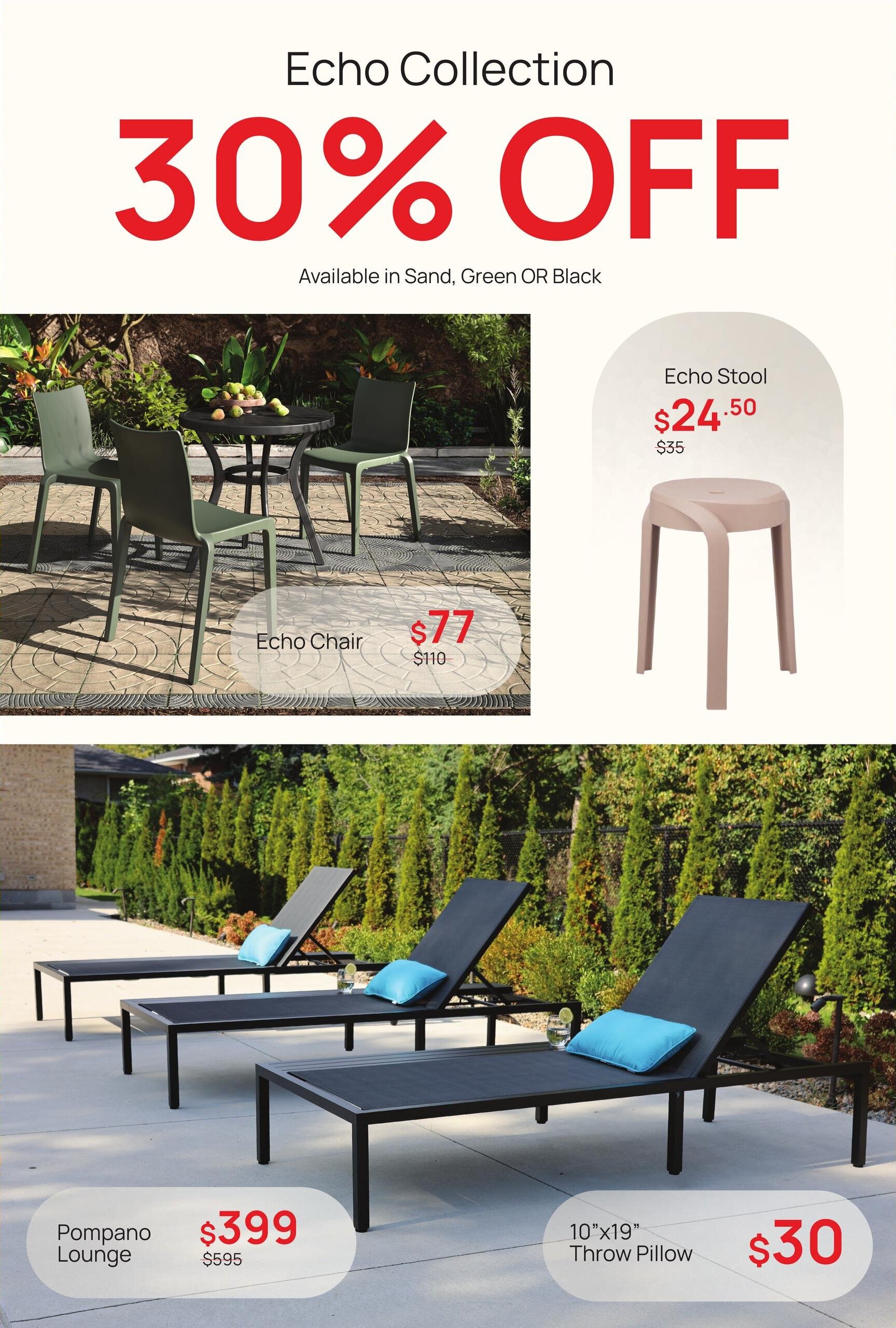 D.O.T Furniture flyer page 4 features the Echo Collection with 30% off, available in Sand, Green, or Black. The Echo Chair is priced at $77, down from $110. The Echo Stool is on sale for $24.50, originally $35. Also featured are Pompano Lounges for $399 (regularly $595) and 10'x19' Throw Pillows for $30.
