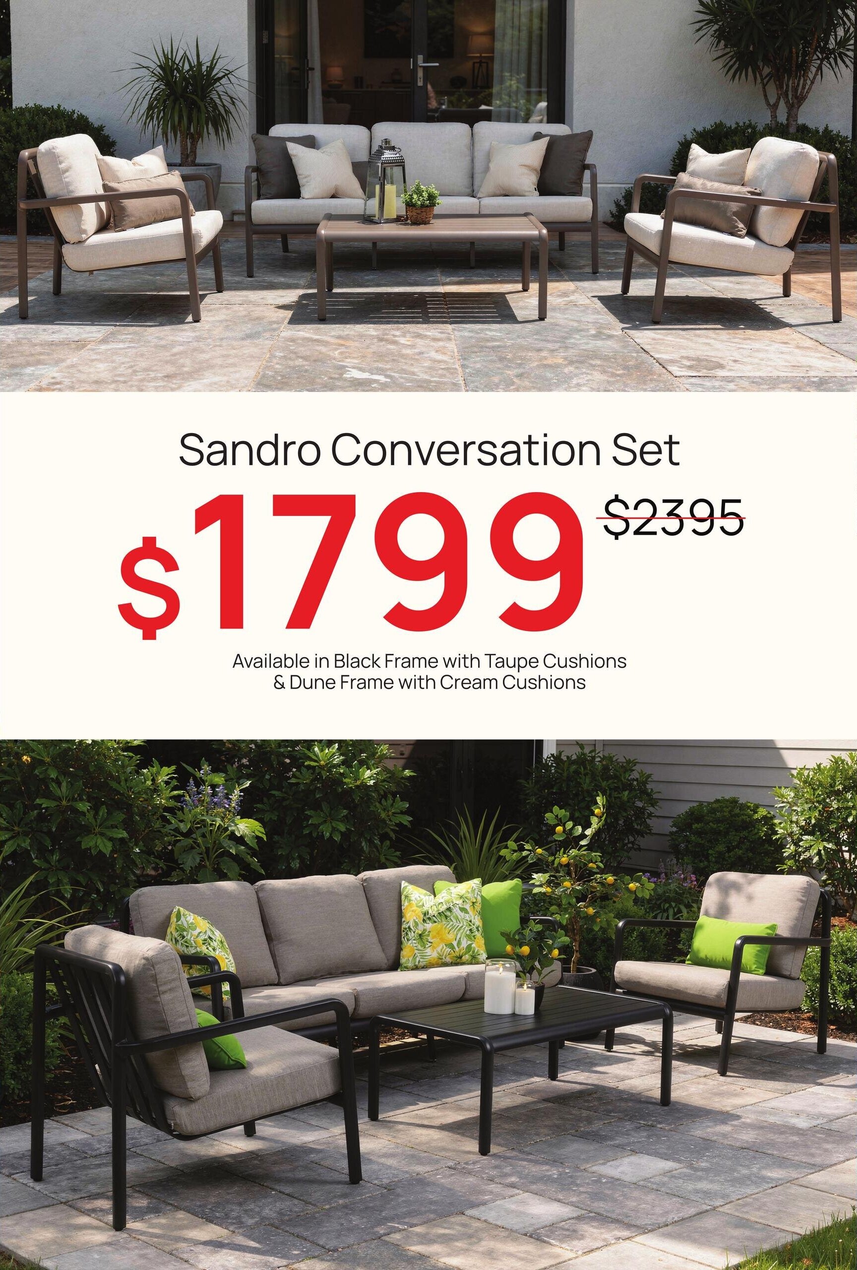 D.O.T Furniture flyer, page 5. Features the Sandro Conversation Set on sale for $1799, originally $2395. Available in Black Frame with Taupe Cushions or Dune Frame with Cream Cushions. The page also shows a different outdoor furniture set with a grey sofa, chairs, and a coffee table.