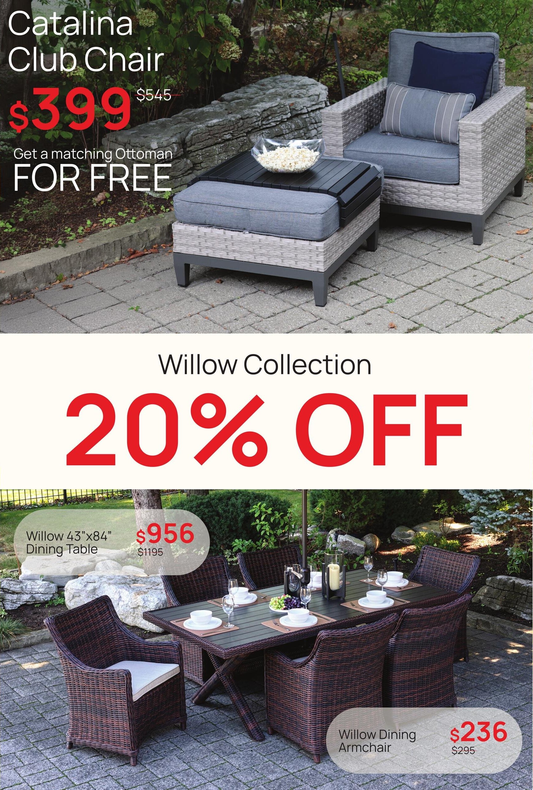D.O.T Furniture flyer, page 6. Features the Catalina Club Chair for $399, originally $545, with a free matching ottoman. Also showcases the Willow Collection with 20% off. The Willow 43'x84' Dining Table is priced at $956 (originally $1195), and the Willow Dining Armchair is $236 (originally $295).