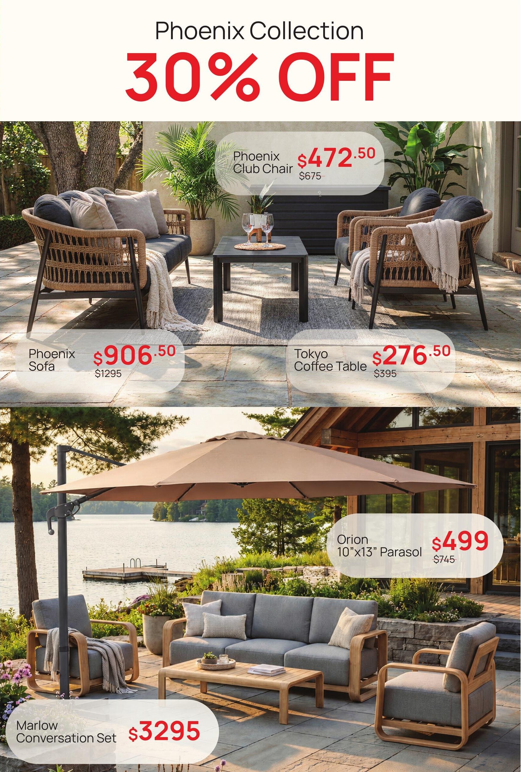 D.O.T Furniture flyer page 7 features the Phoenix Collection with 30% off. Featured items include the Phoenix Club Chair for $472.50 (originally $675), the Phoenix Sofa for $906.50 (originally $1295), and the Tokyo Coffee Table for $276.50 (originally $395). Also shown is the Orion 10'x13' Parasol for $499 (originally $745) and the Marlow Conversation Set for $3295.