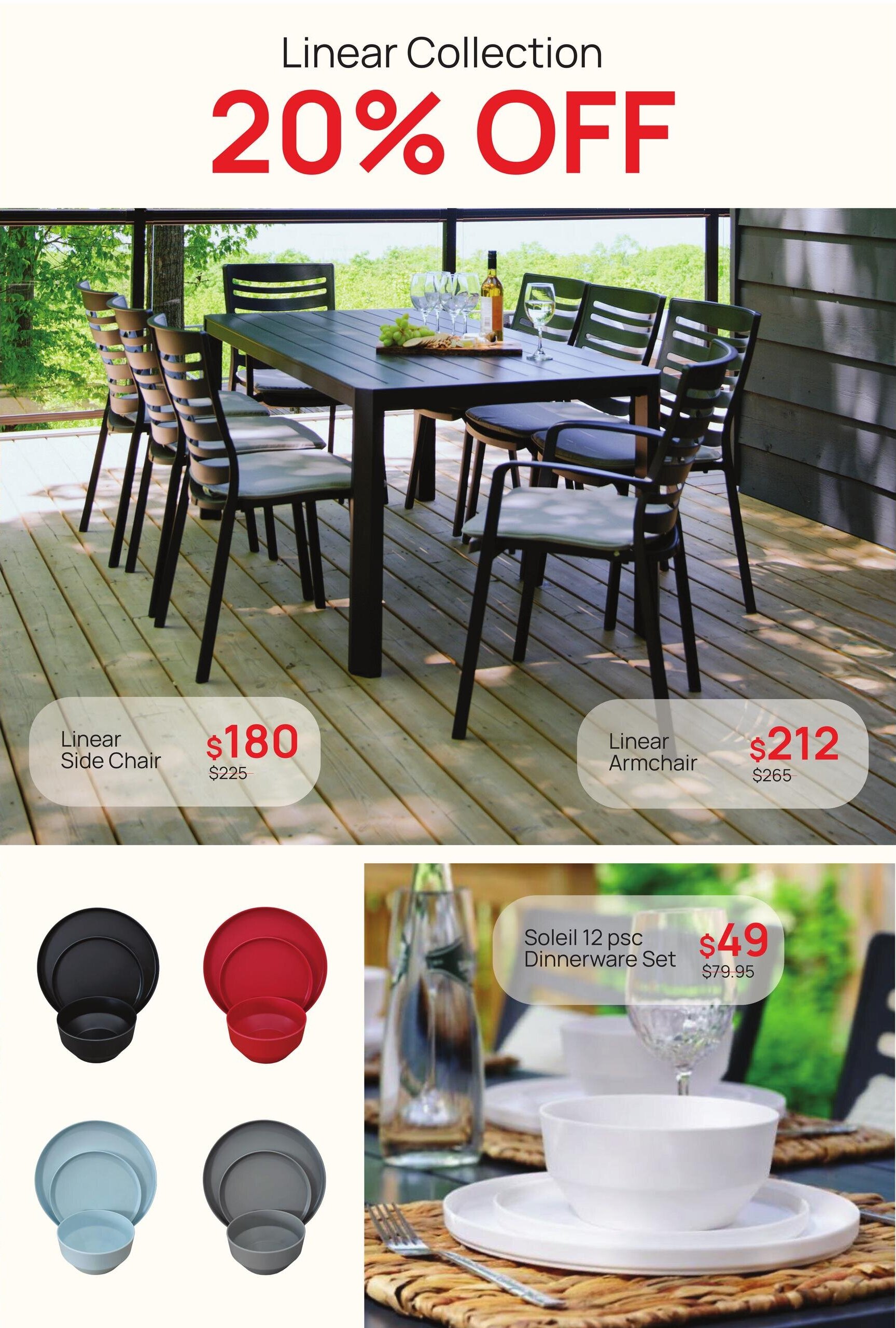 D.O.T Furniture flyer specials page 8: Linear Collection 20% off. Features a dining set with Linear Side Chairs priced at $180 (originally $225) and Linear Armchairs at $212 (originally $265). Also shown is the Soleil 12-piece Dinnerware Set in various colours for $49 (originally $79.95).