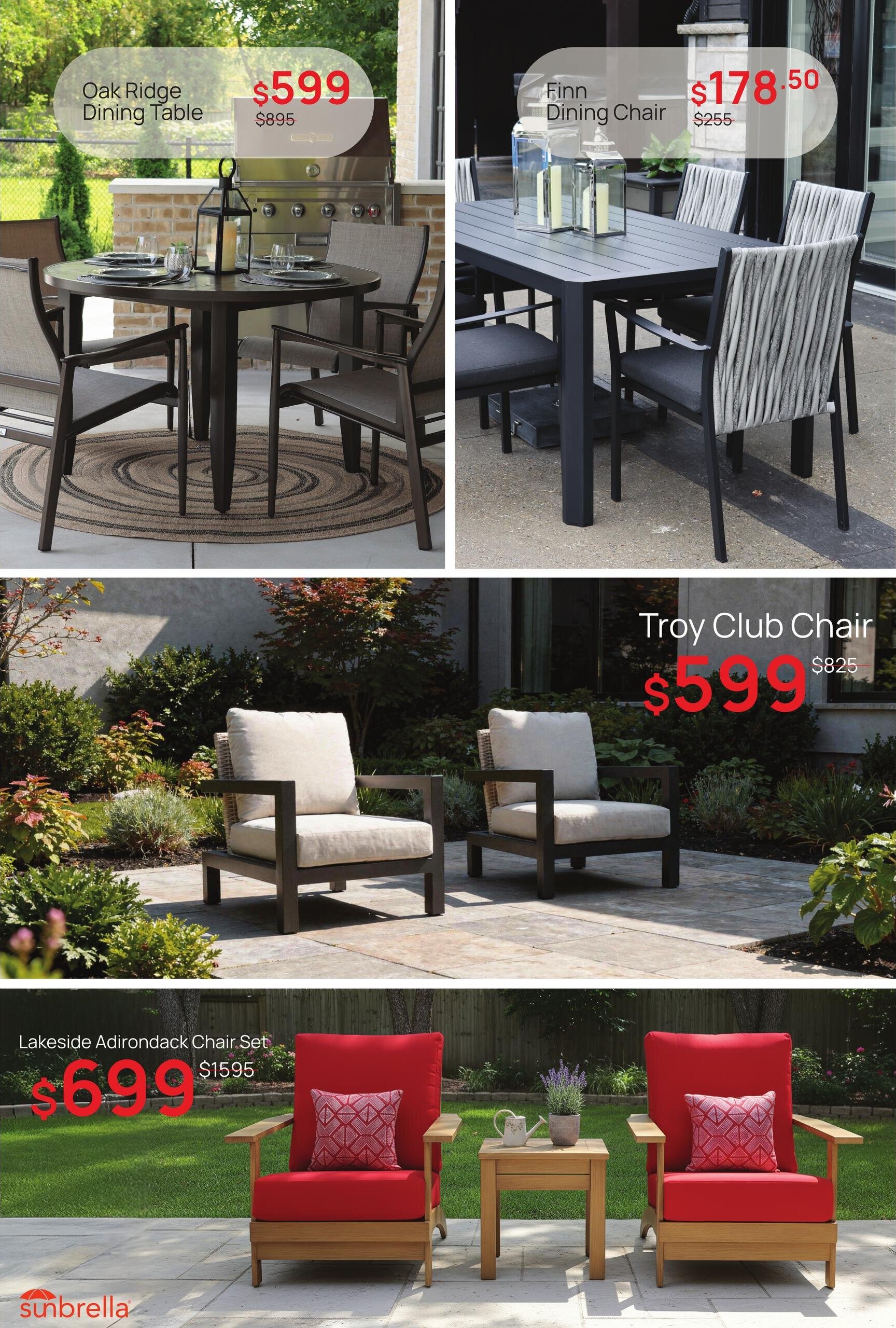 D.O.T Furniture flyer page 10 features outdoor furniture deals. The Oak Ridge Dining Table is on sale for $599, down from $895. The Finn Dining Chair is priced at $178.50, originally $255. The Troy Club Chair is available for $599, reduced from $825. Also featured is the Lakeside Adirondack Chair Set for $699, marked down from $1595. The Sunbrella logo is visible.