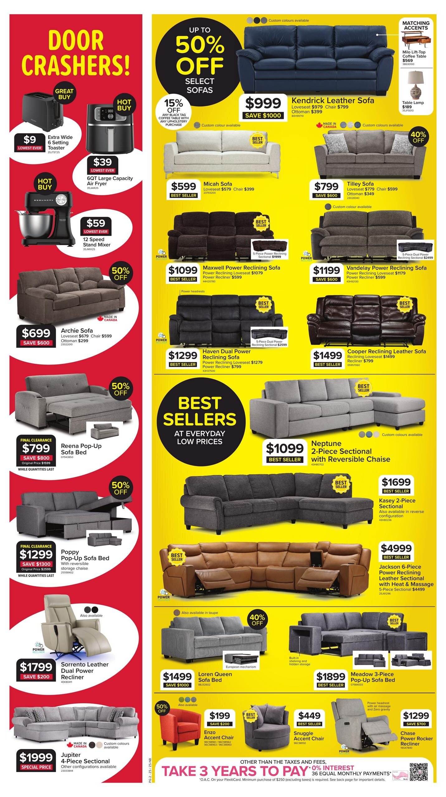 Leon's flyer page 2 features 'Door Crashers!' with an Extra Wide 6 Setting Toaster for $9 and a 60-Quart Large Capacity Air Fryer for $39, plus a 12 Speed Stand Mixer for $59. The flyer also highlights 'Up to 50% Off Select Sofas,' including the Kendrick Leather Sofa for $999 (save $1000), the Micah Sofa for $599, and the Tilley Sofa for $799. Reclining sofas are featured, such as the Maxwell Power Reclining Sofa for $1099, the Vandenbay Power Reclining Sofa for $1199, the Haven Dual Power Reclining Sofa for $1299, and the Cooper Reclining Leather Sofa for $1499. 'Best Sellers at Everyday Low Prices' include the Neptune 2-Piece Sectional with Reversible Chaise for $1099 and the Kasey 2-Piece Sectional for $1699. Other deals include the Reena Pop-Up Sofa Bed (final clearance) for $799 (save $800), the Poppy Pop-Up Sofa Bed for $1299 (save $1300), the Sorrento Leather Dual Power Recliner for $1799 (save $200), and the Jupiter 4-Piece Sectional for $1999 (special price). Additional best sellers are the Loren Queen Sofa Bed for $1499 (save $1000), the Meadow 3-Piece Pop-Up Sofa Bed for $1899, and the Jackson 6-Piece Power Reclining Leather Sectional with Heat & Massage for $4999. Accent chairs are on sale, with the Enzo Accent Chair for $199 and the Snuggle Accent Chair for $449. A Chase Power Rocker Recliner is available for $1299. The flyer also promotes 'Take 3 Years to Pay' with 36 equal monthly payments on FlexiCard purchases.
